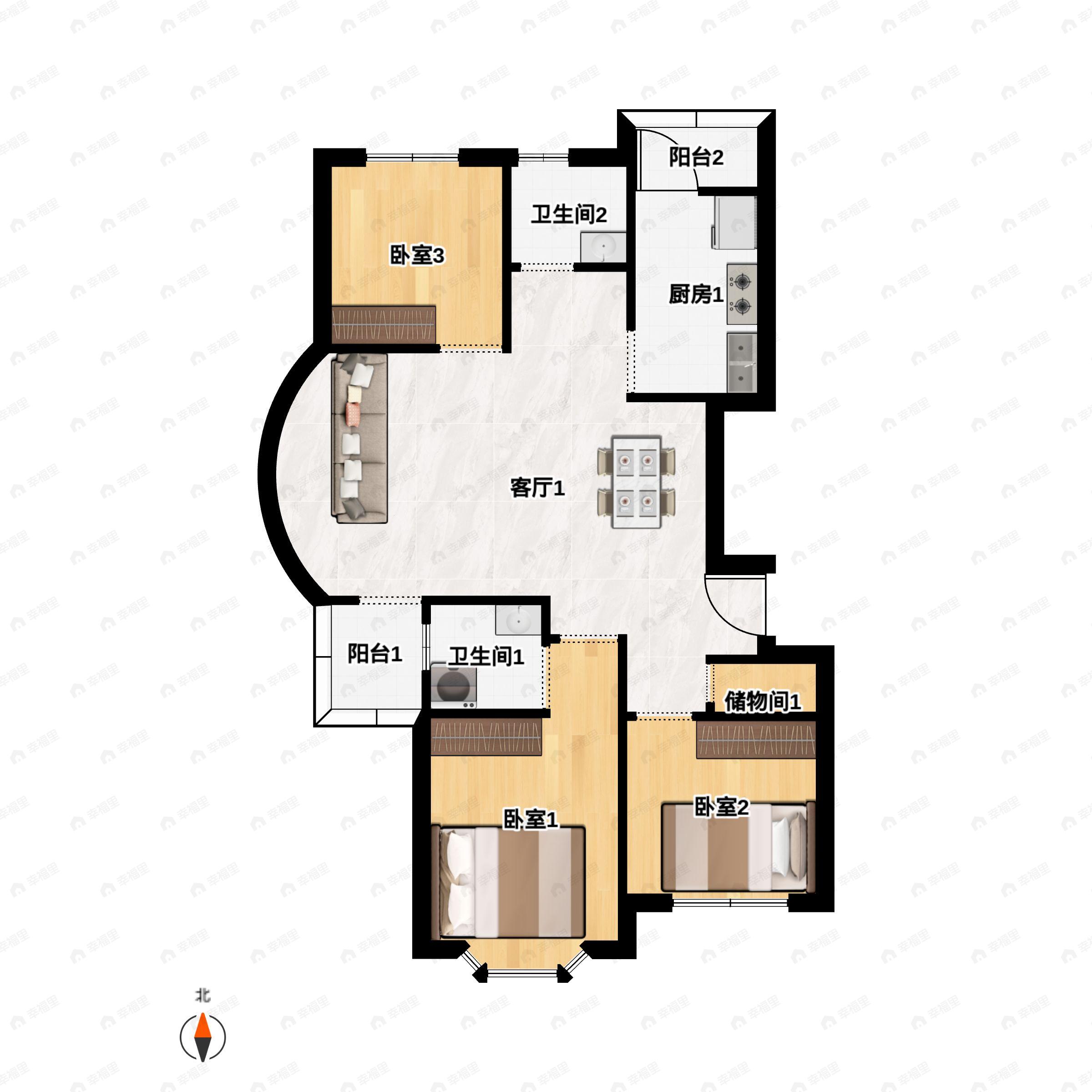 3室2厅2卫建面118平户型图