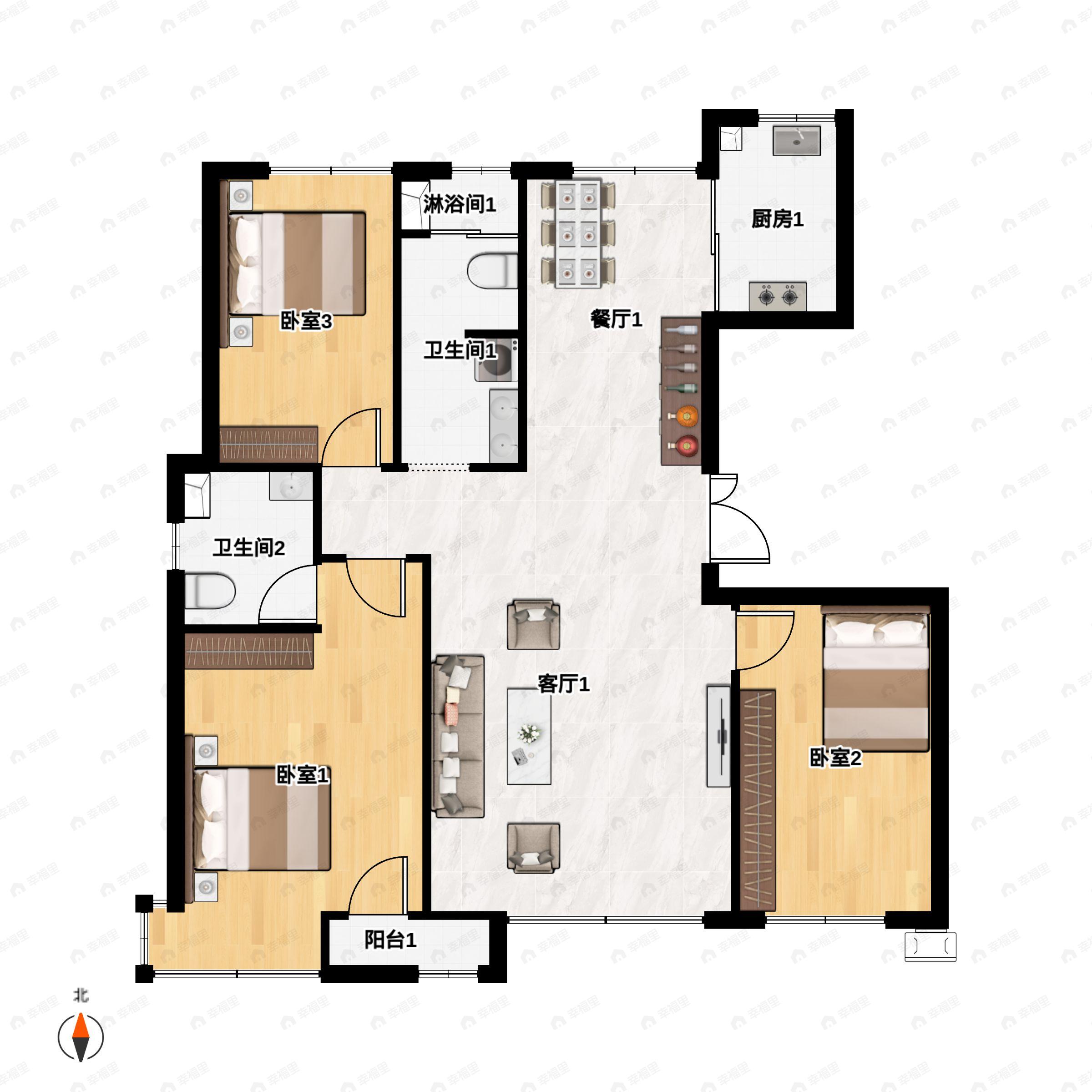3室2厅2卫建面129m²南户型图