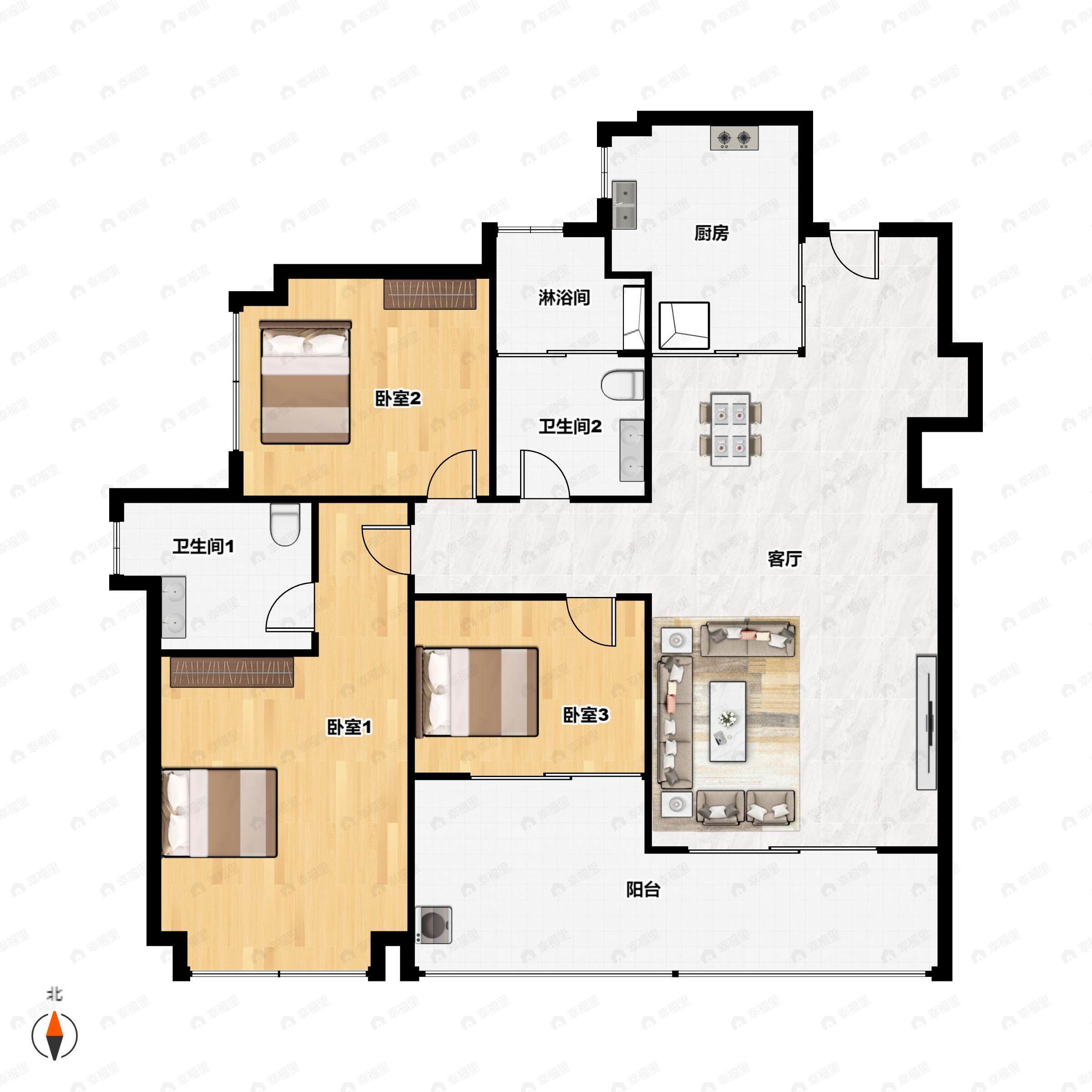 2室2厅2卫建面97平户型图