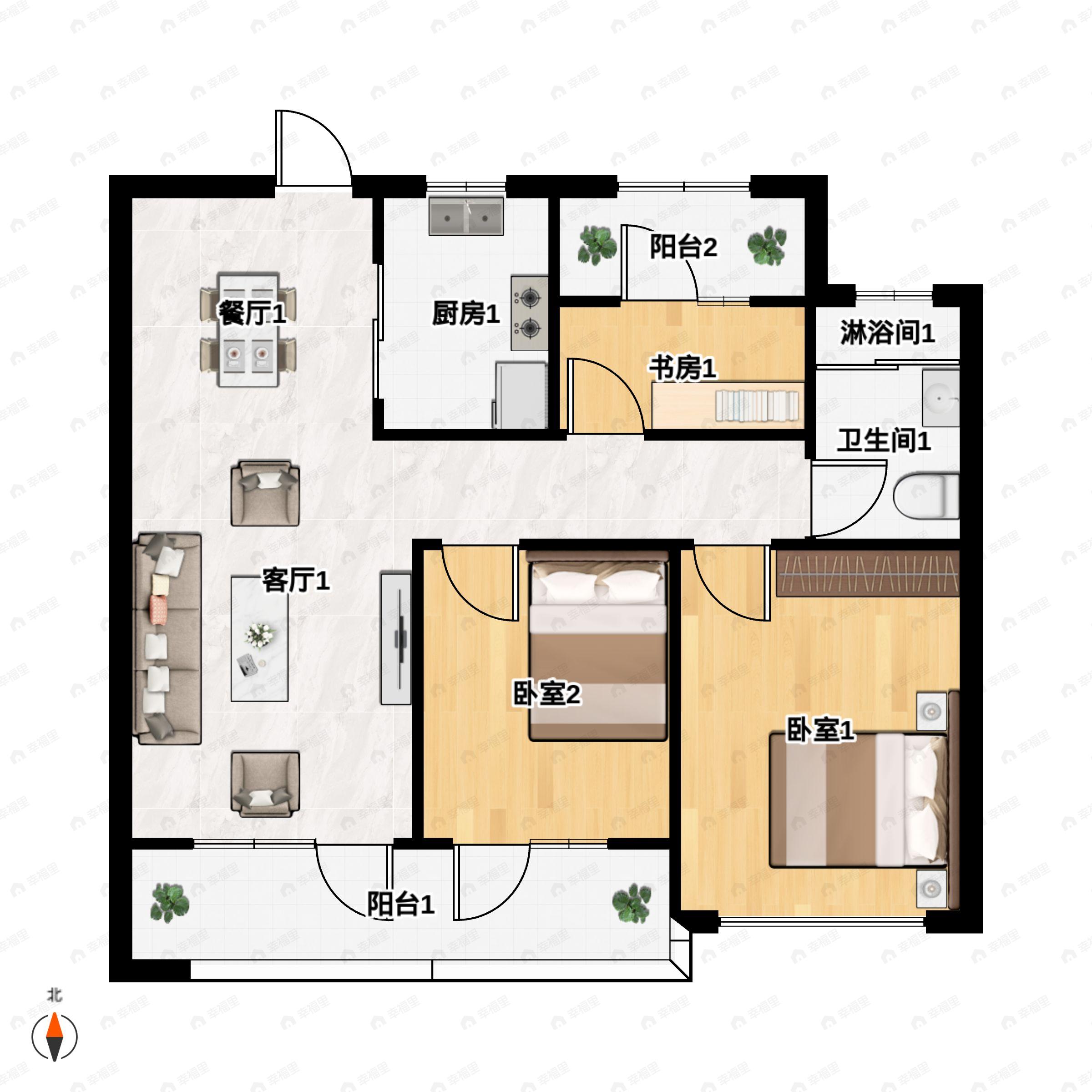 九巨龙·水景苑3室2厅1卫户型图