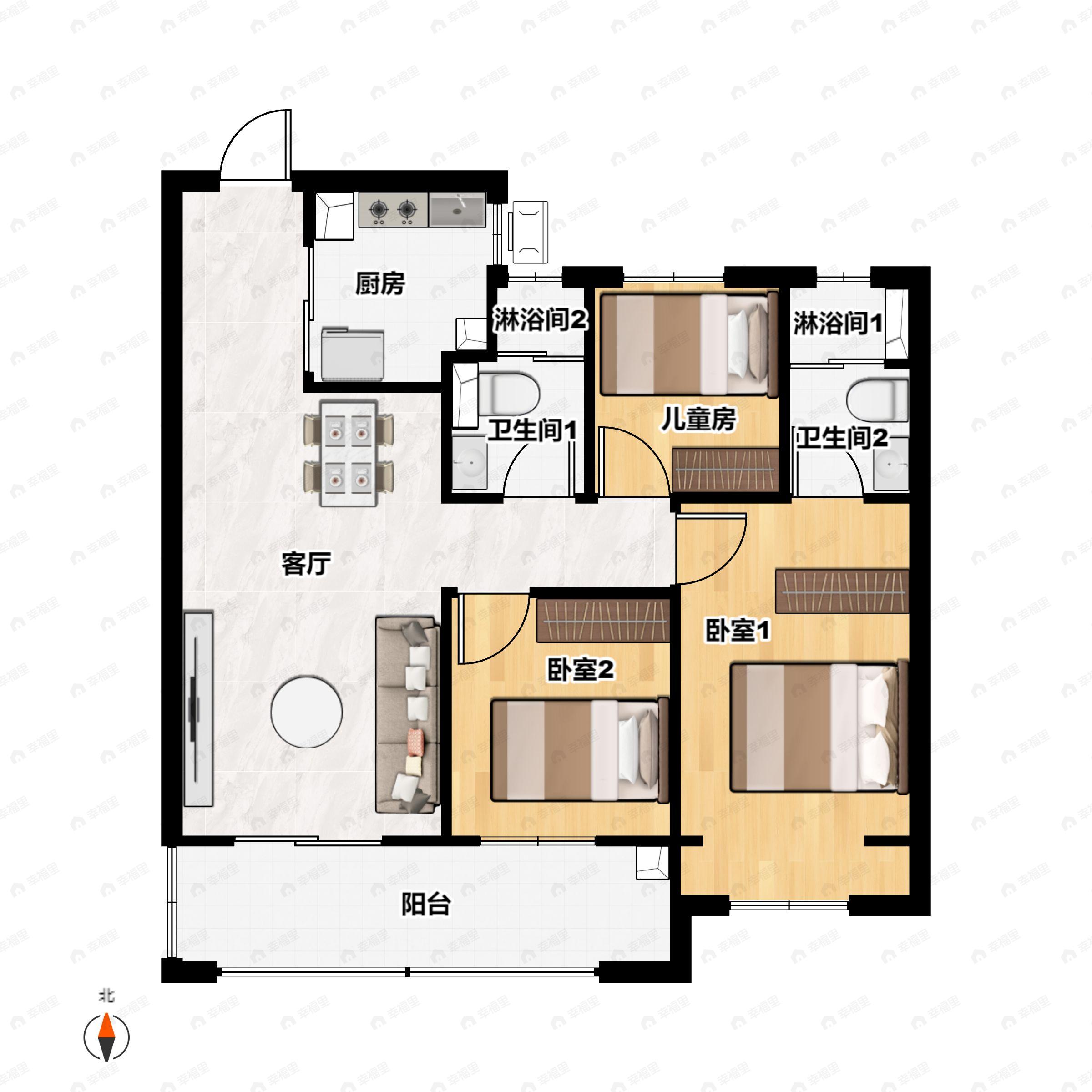 3室2厅2卫建面98平户型图