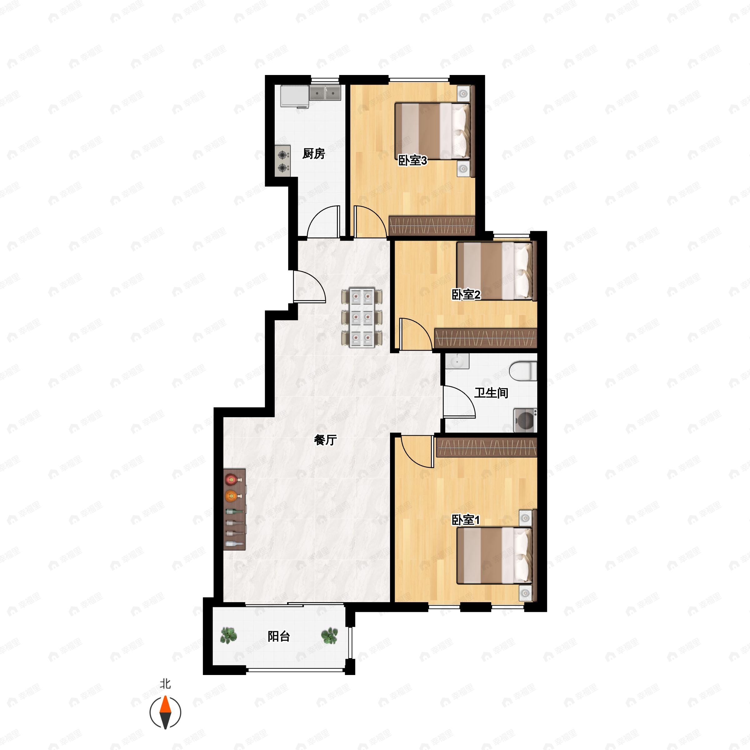 3室2厅1卫建面106平户型图