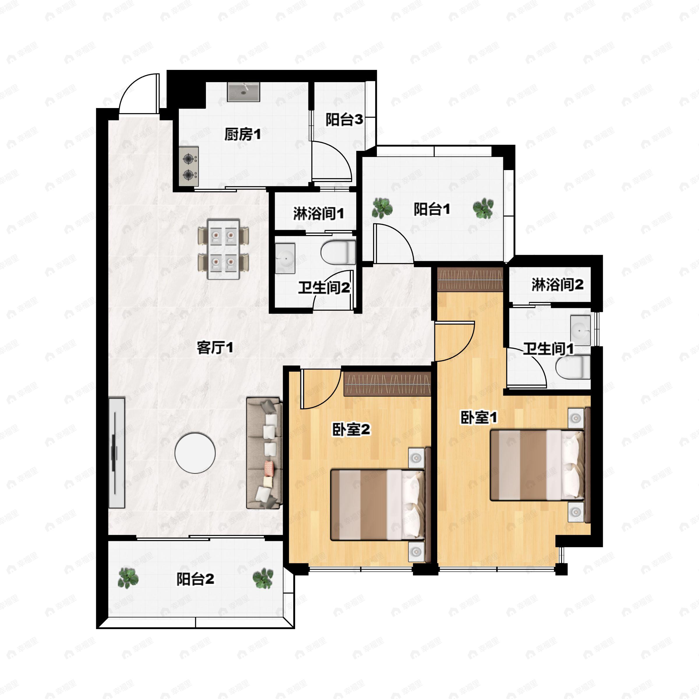 3室2厅2卫建面100平南|北户型图