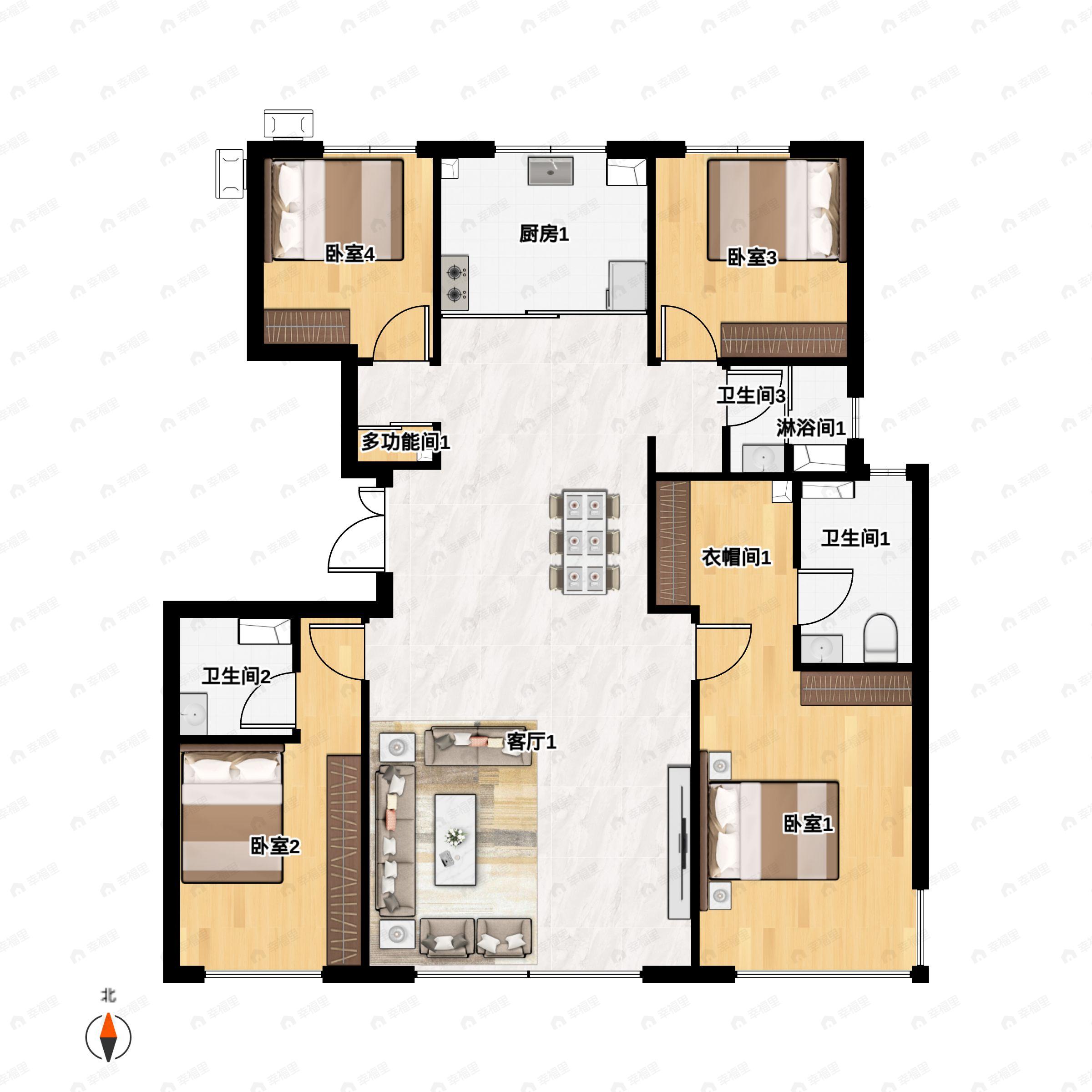 4室2厅3卫建面184平南|北户型图