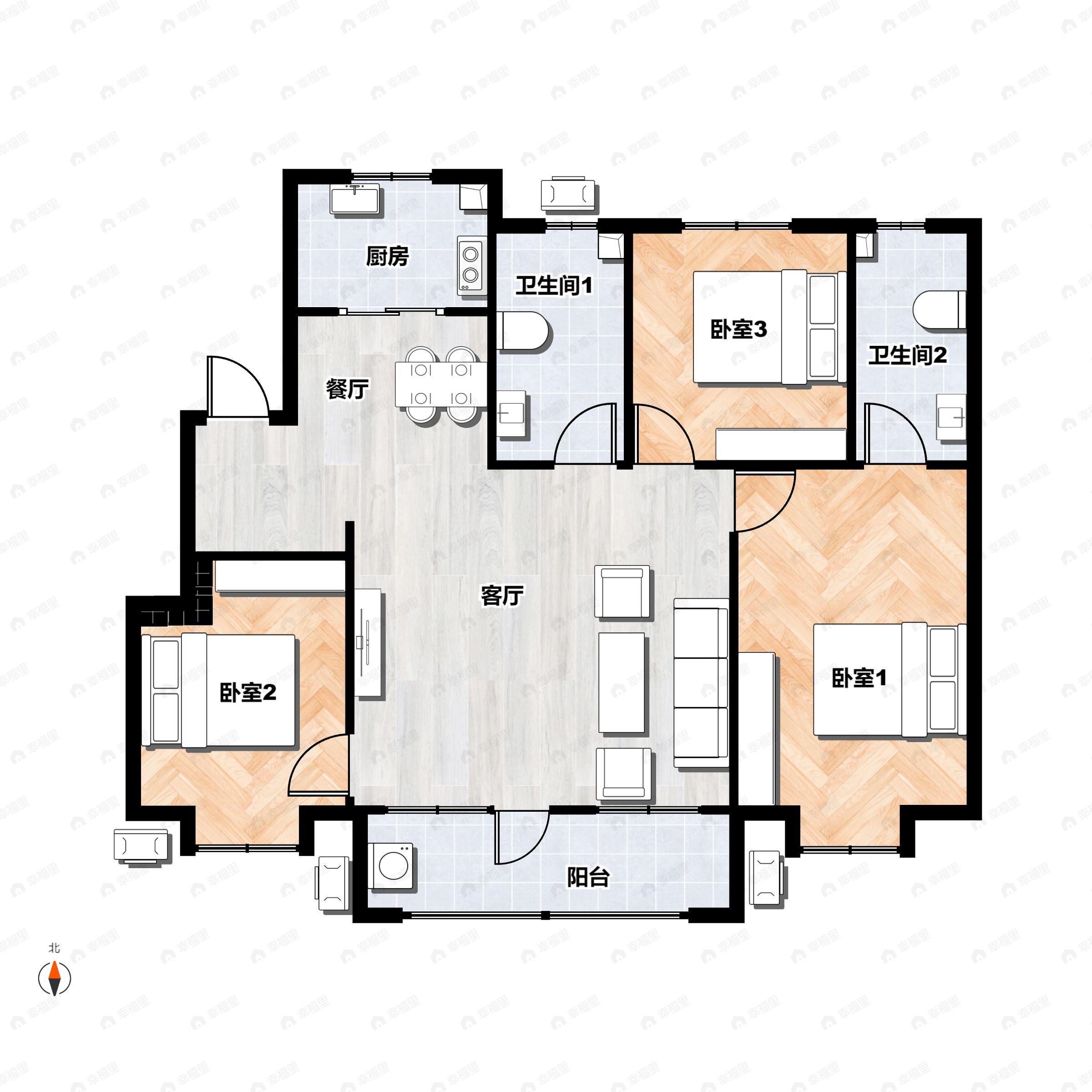 3室2厅2卫建面129平南|北户型图