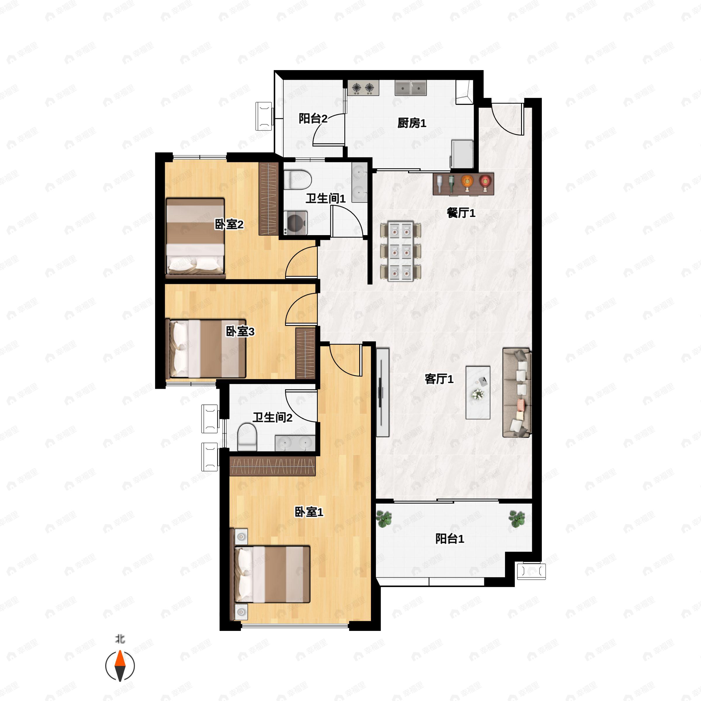 钰海佳园3室2厅2卫户型图