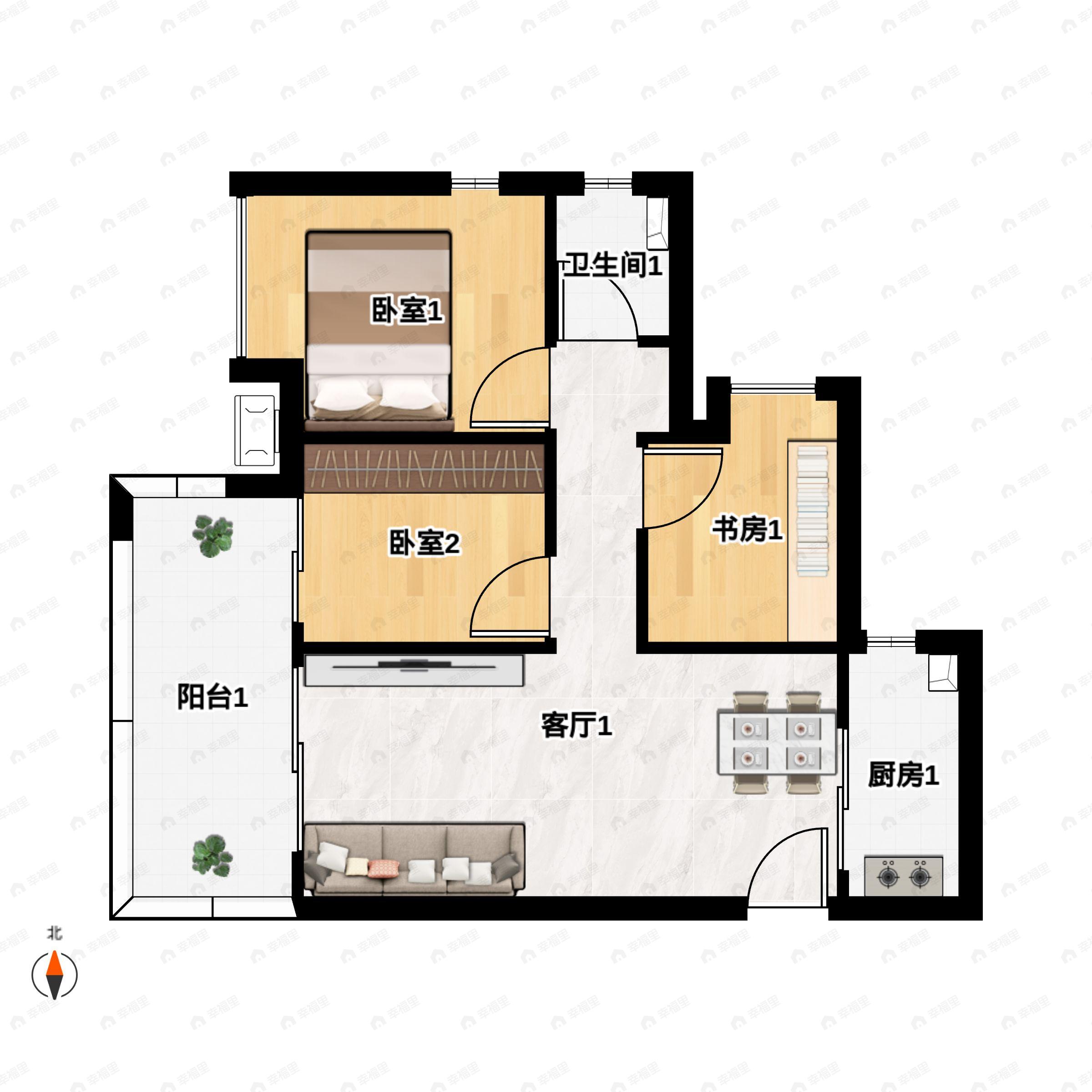 3室2厅1卫建面90平户型图