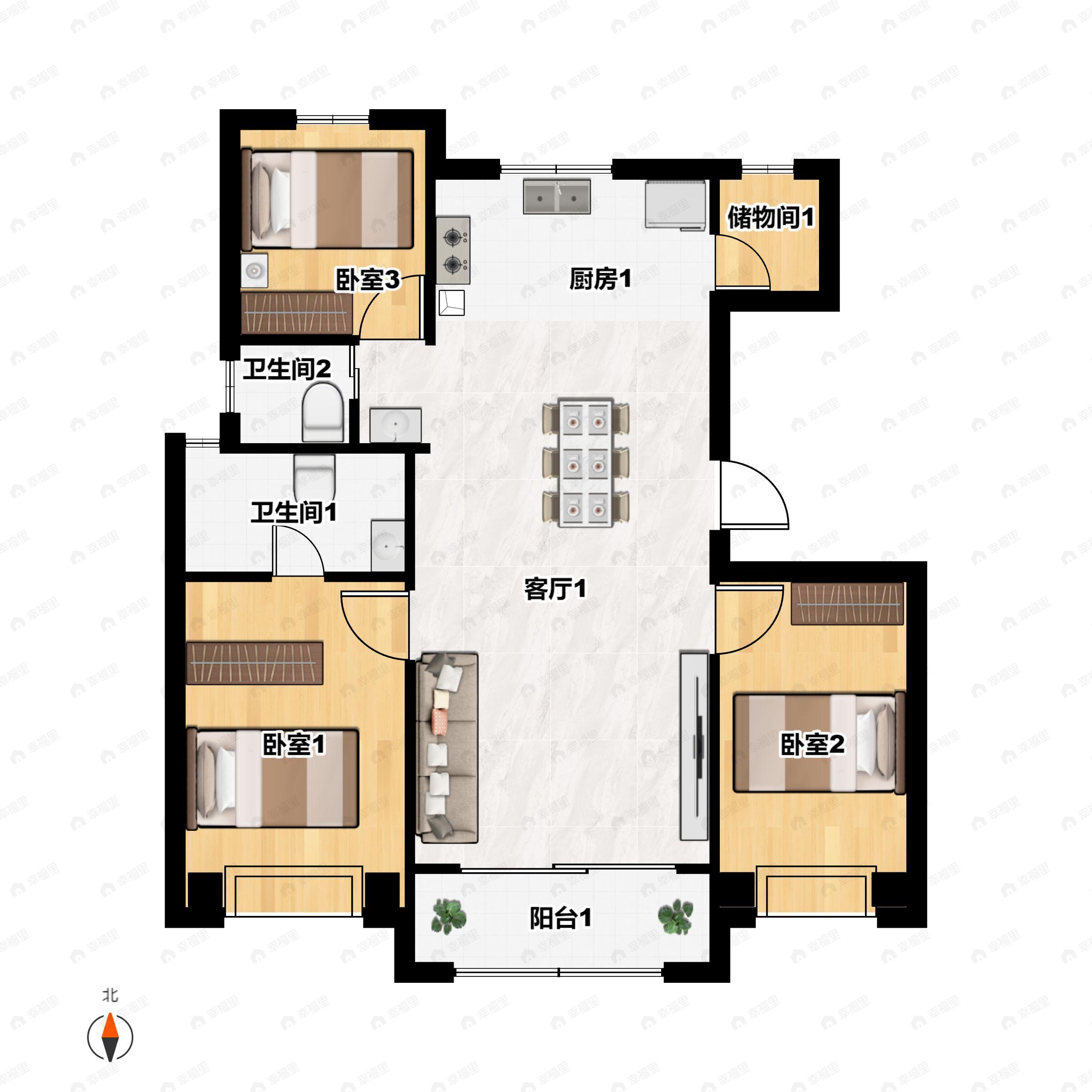 3室2厅2卫建面136平北|南户型图