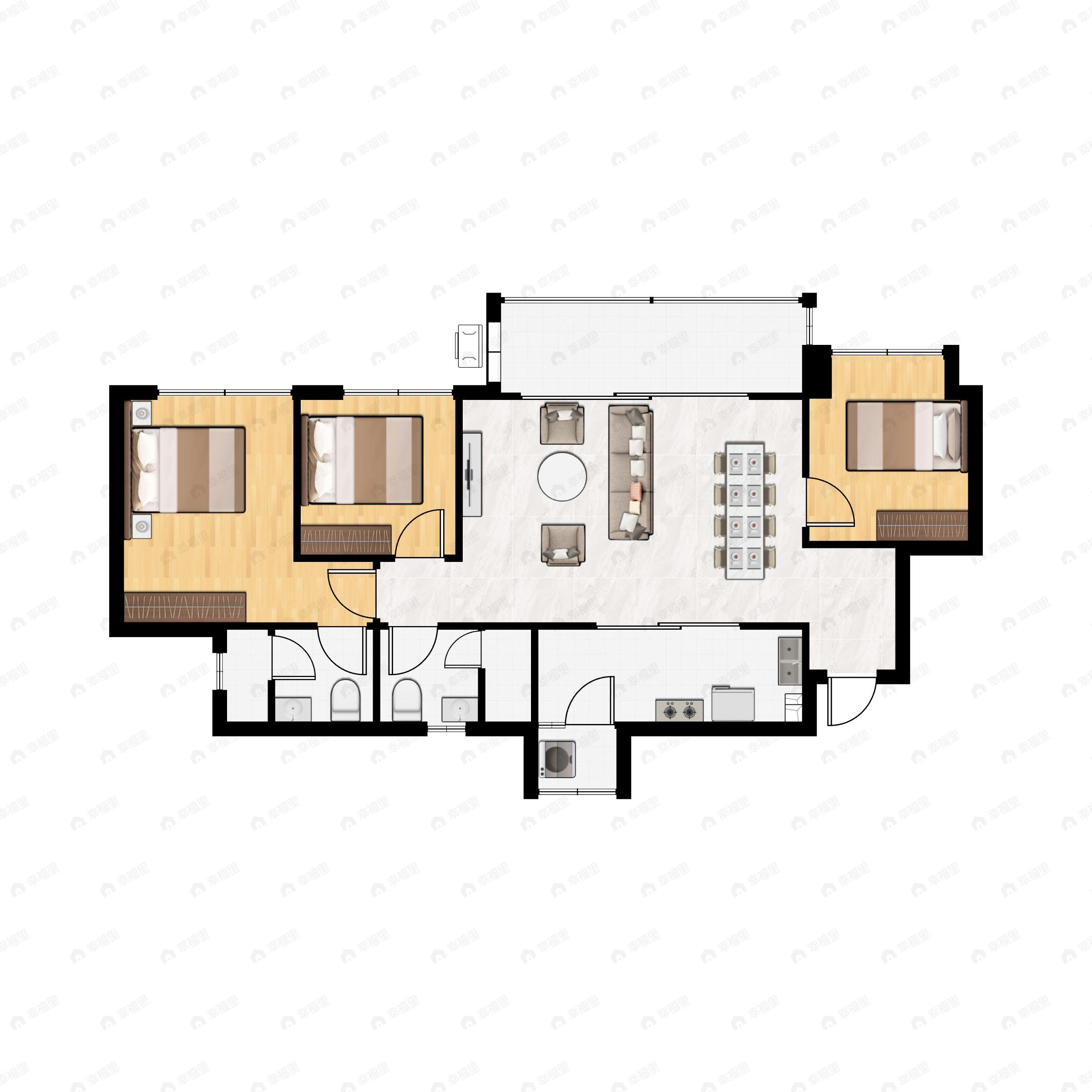 3室2厅2卫建面107平户型图