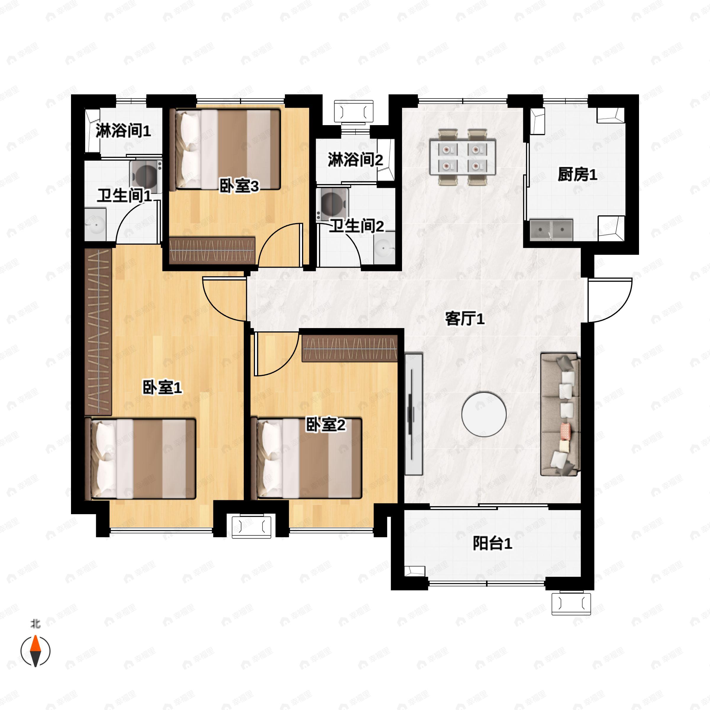 3室2厅2卫建面118平南|北户型图