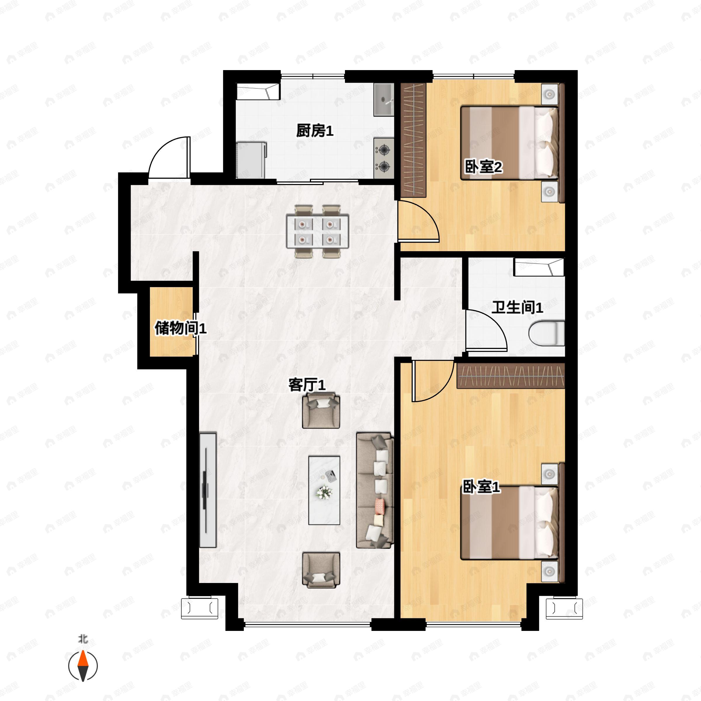 2室2厅1卫建面88m²北|南户型图