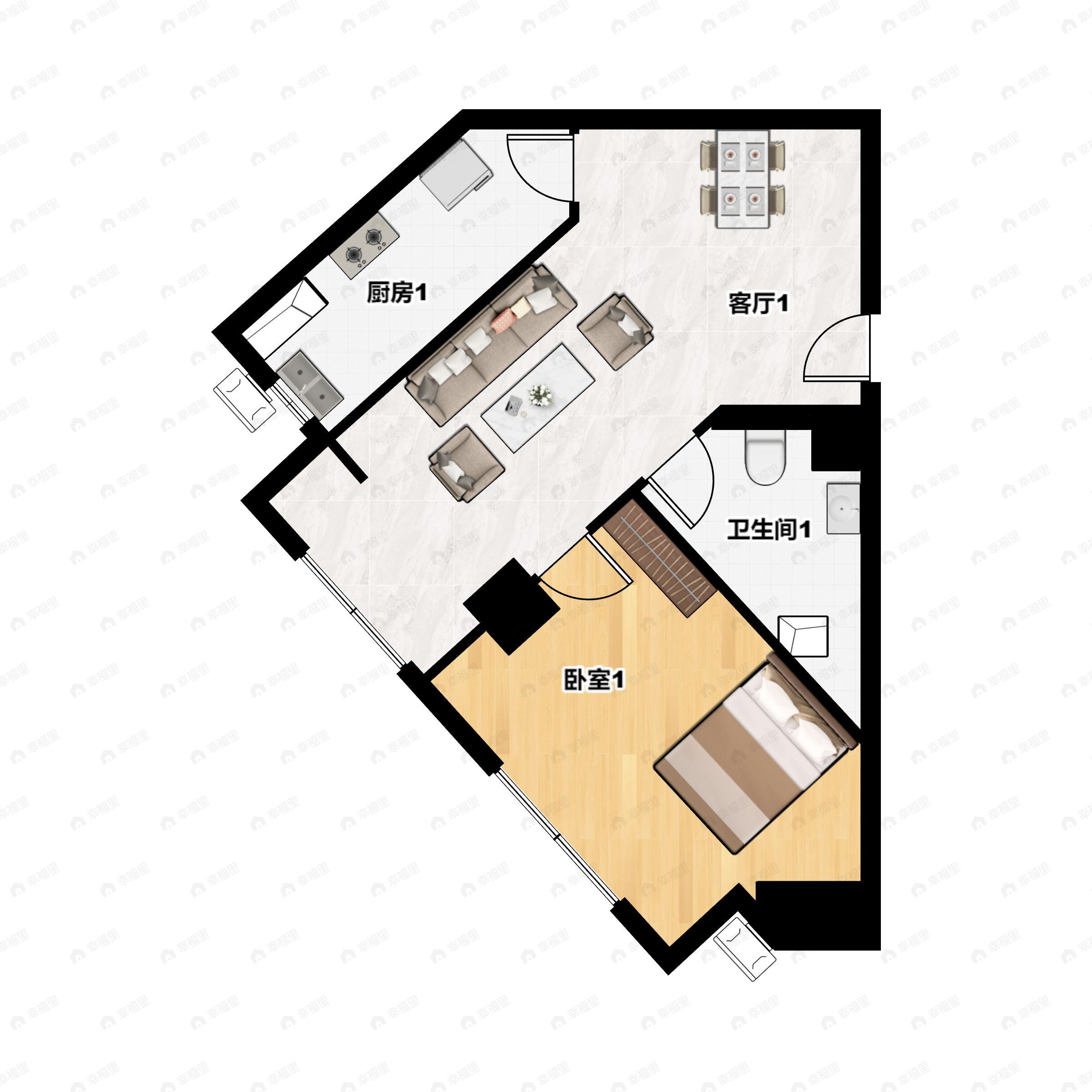 1室2厅1卫建面77m²西南户型图