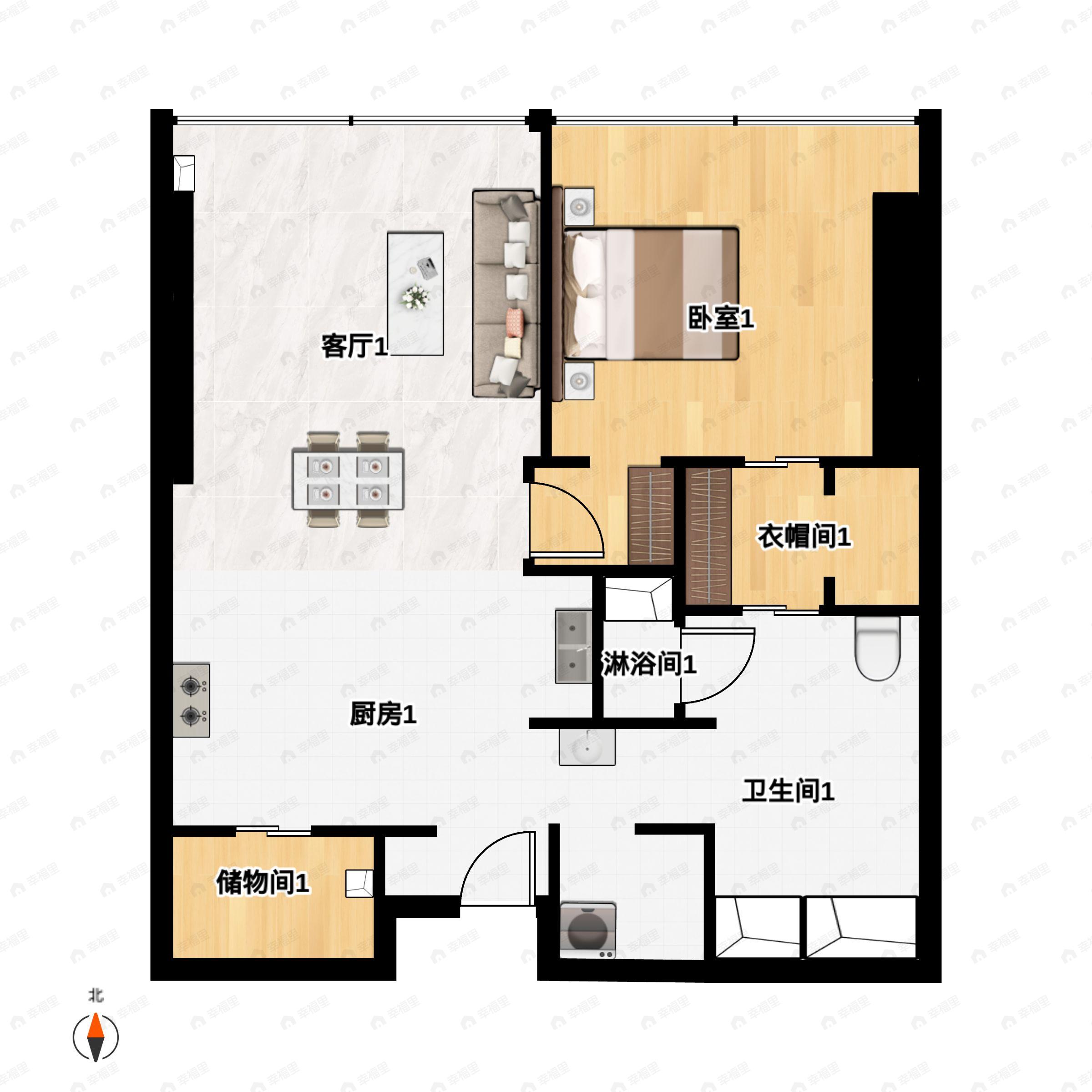 1室1厅1卫建面140m²北户型图