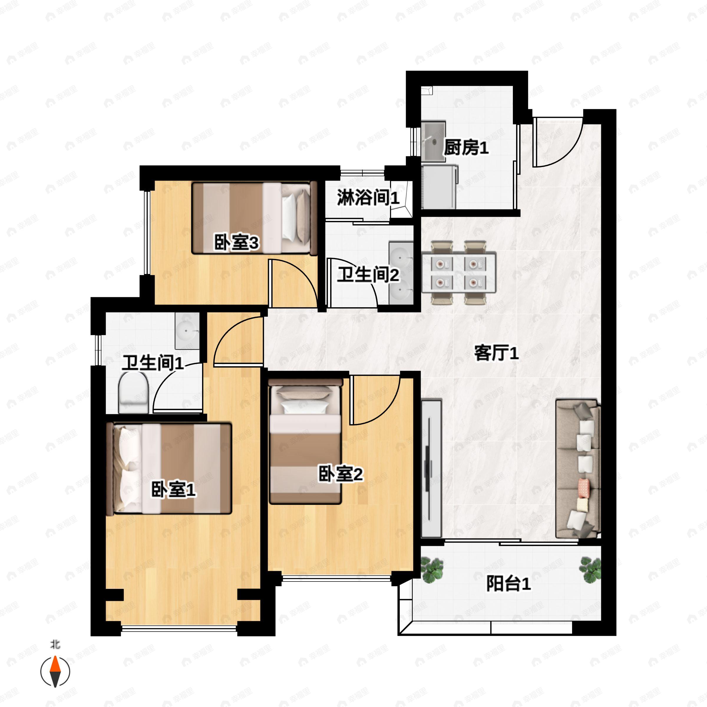 3室2厅2卫建面89平户型图