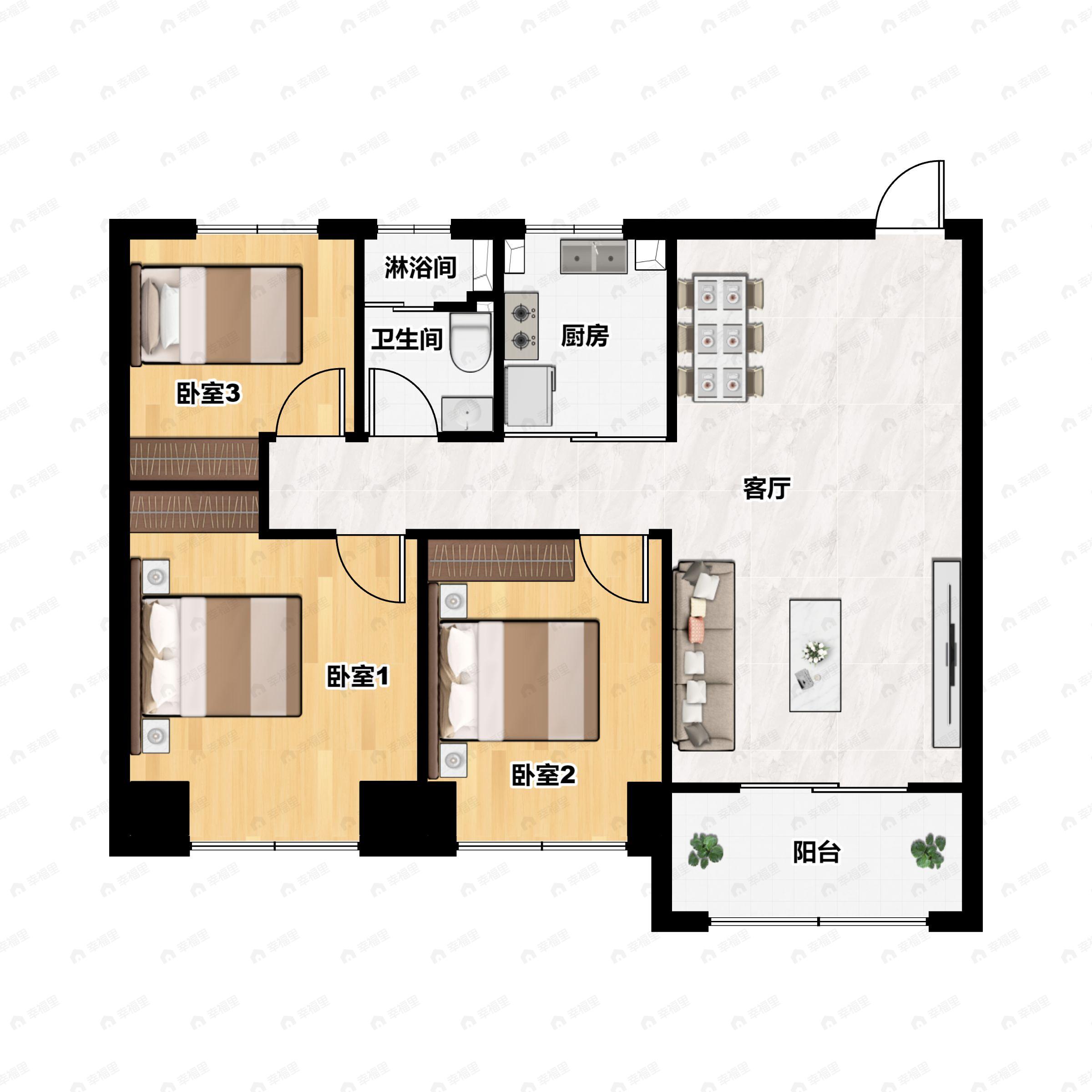 3室2厅1卫建面89平南户型图