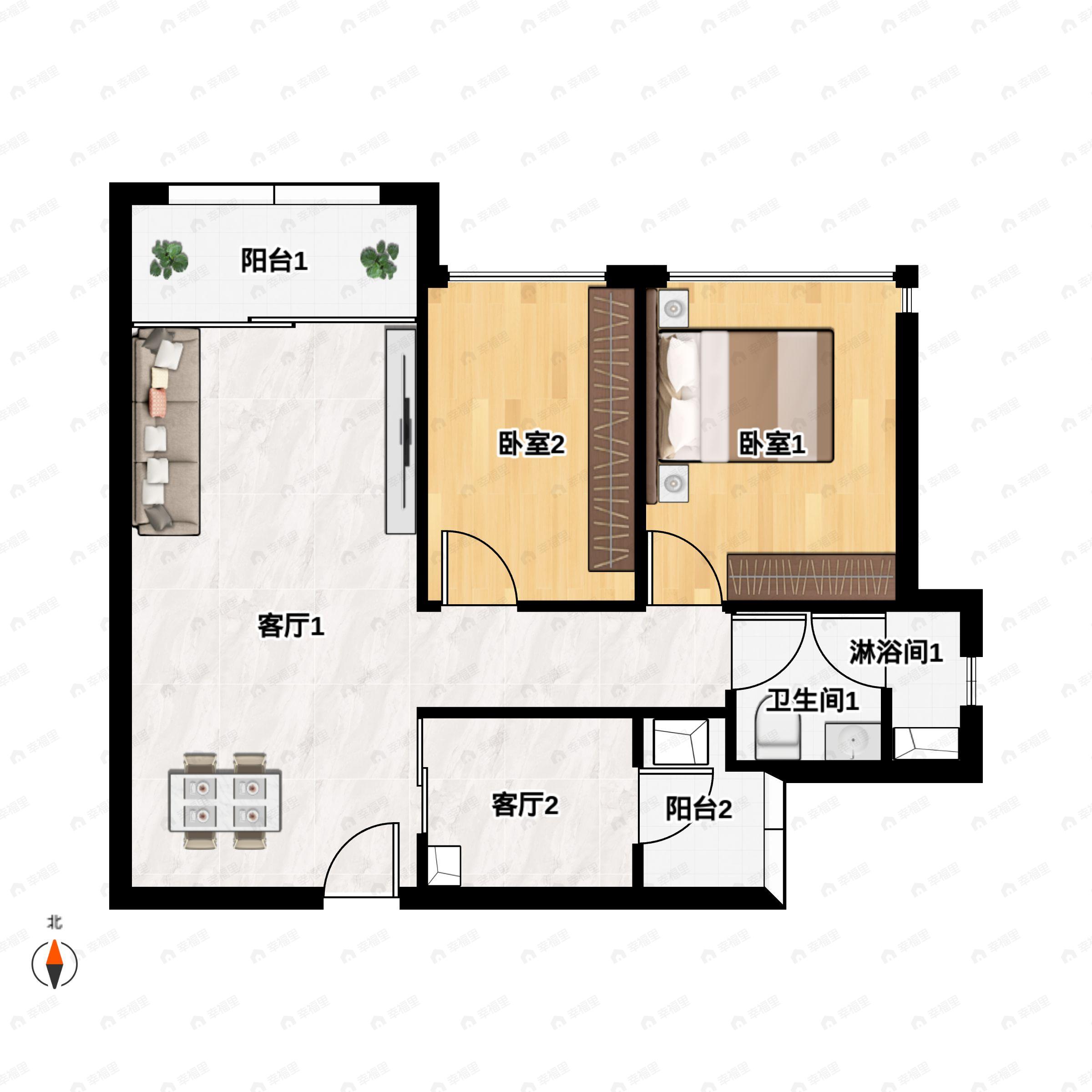 2室2厅1卫建面80平南|西户型图