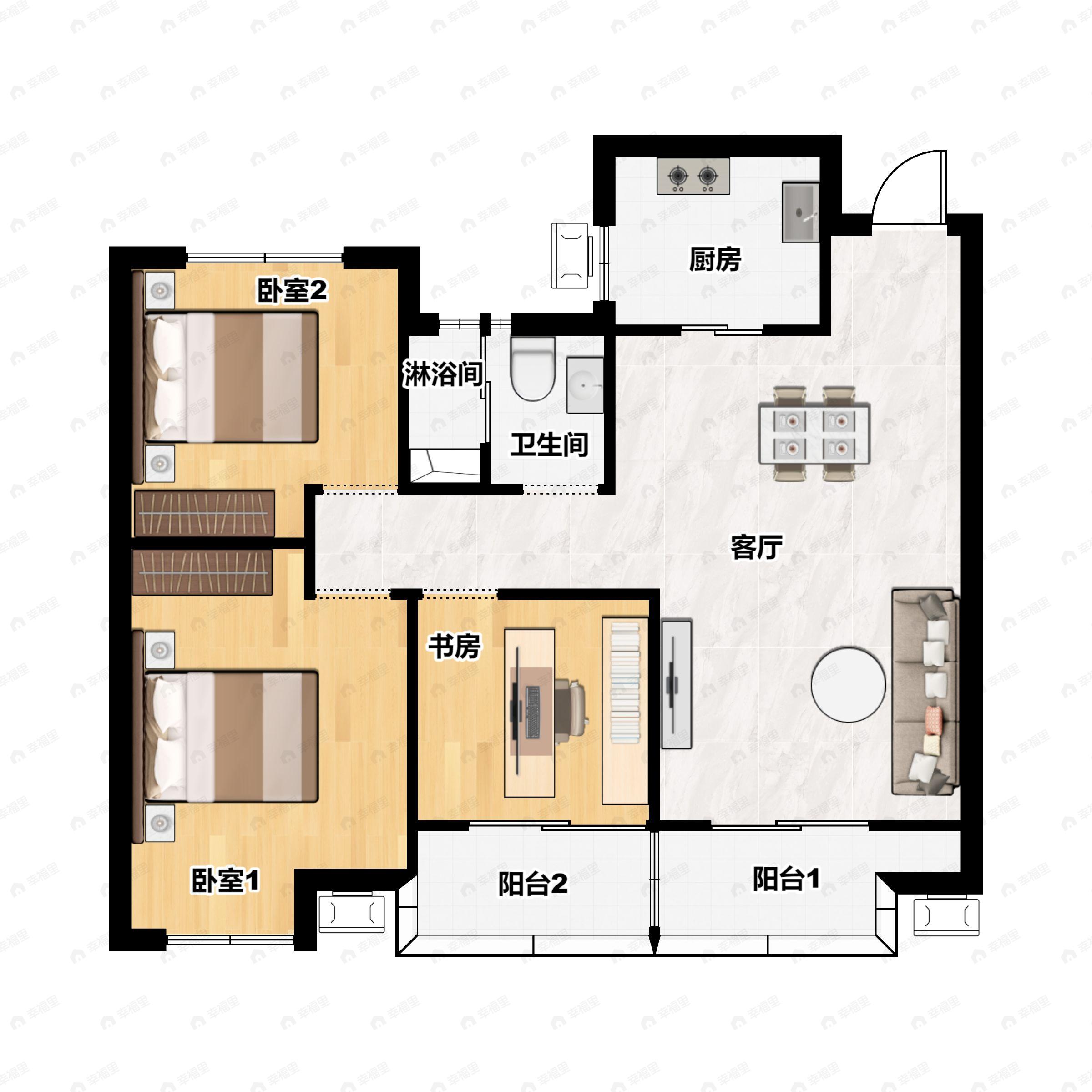 3室2厅1卫建面105平南户型图