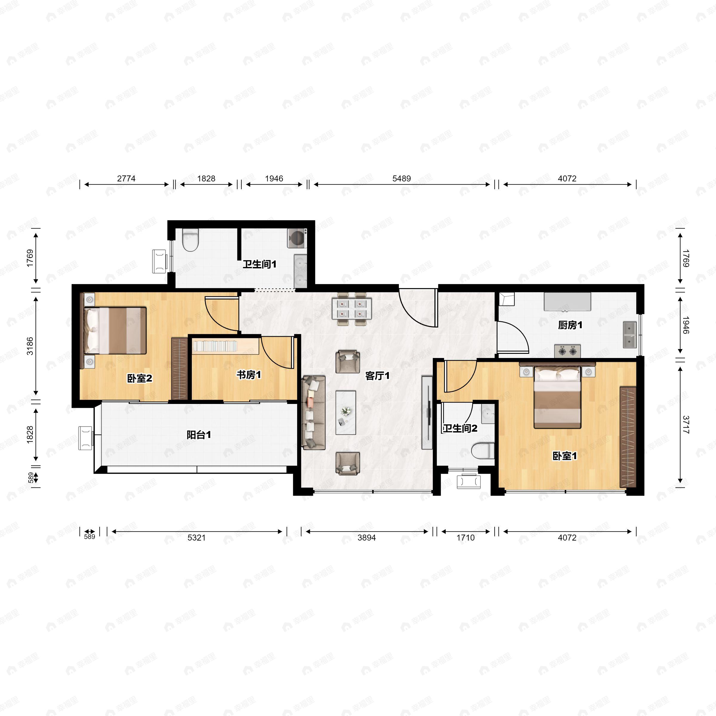 3室2厅2卫建面91平户型图