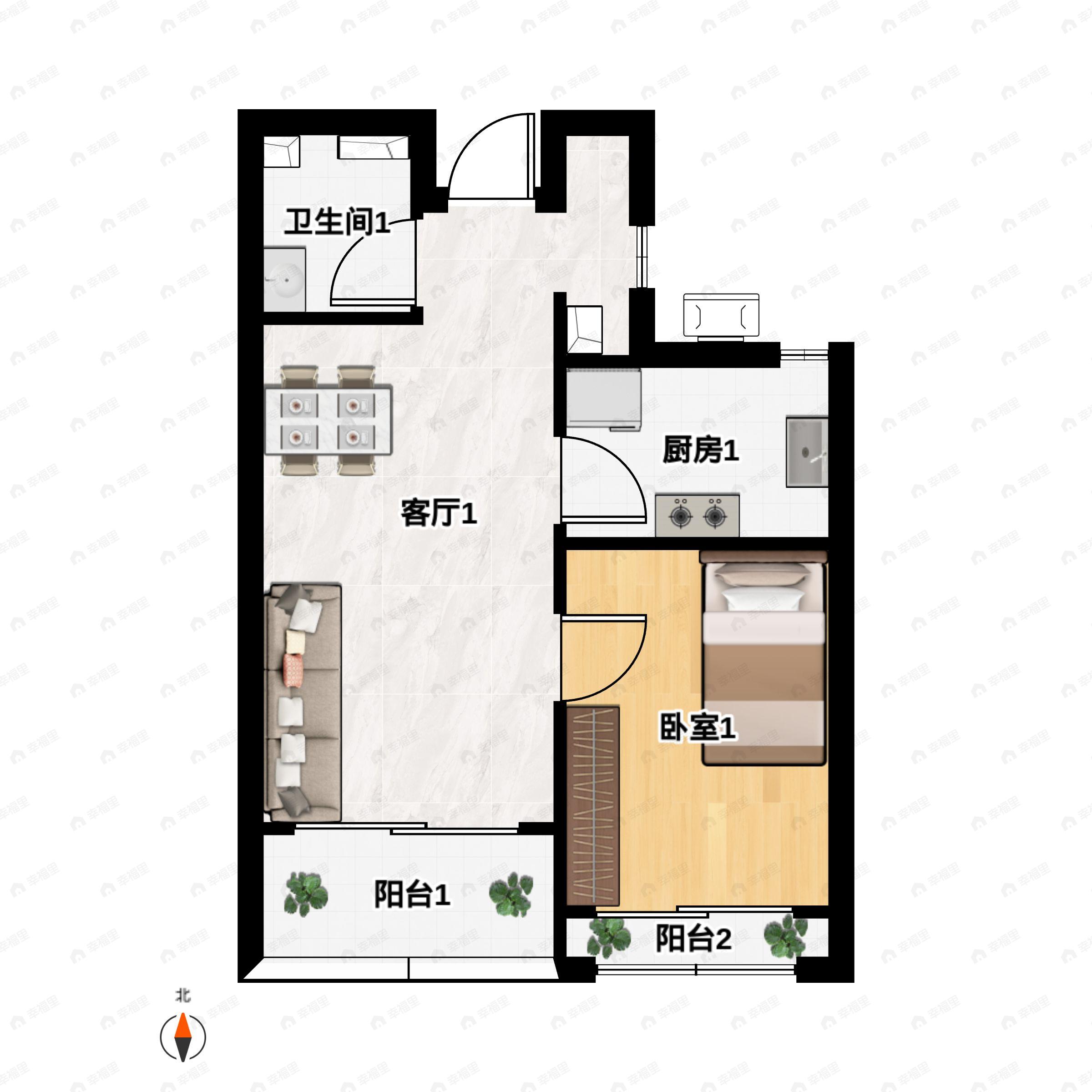 2室2厅1卫建面59m²东户型图
