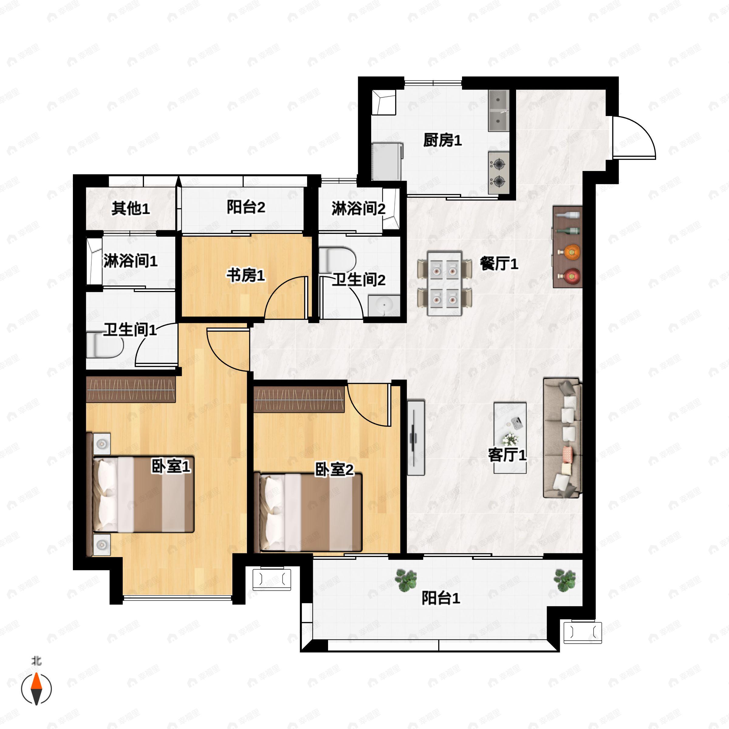 3室2厅2卫建面99平南户型图
