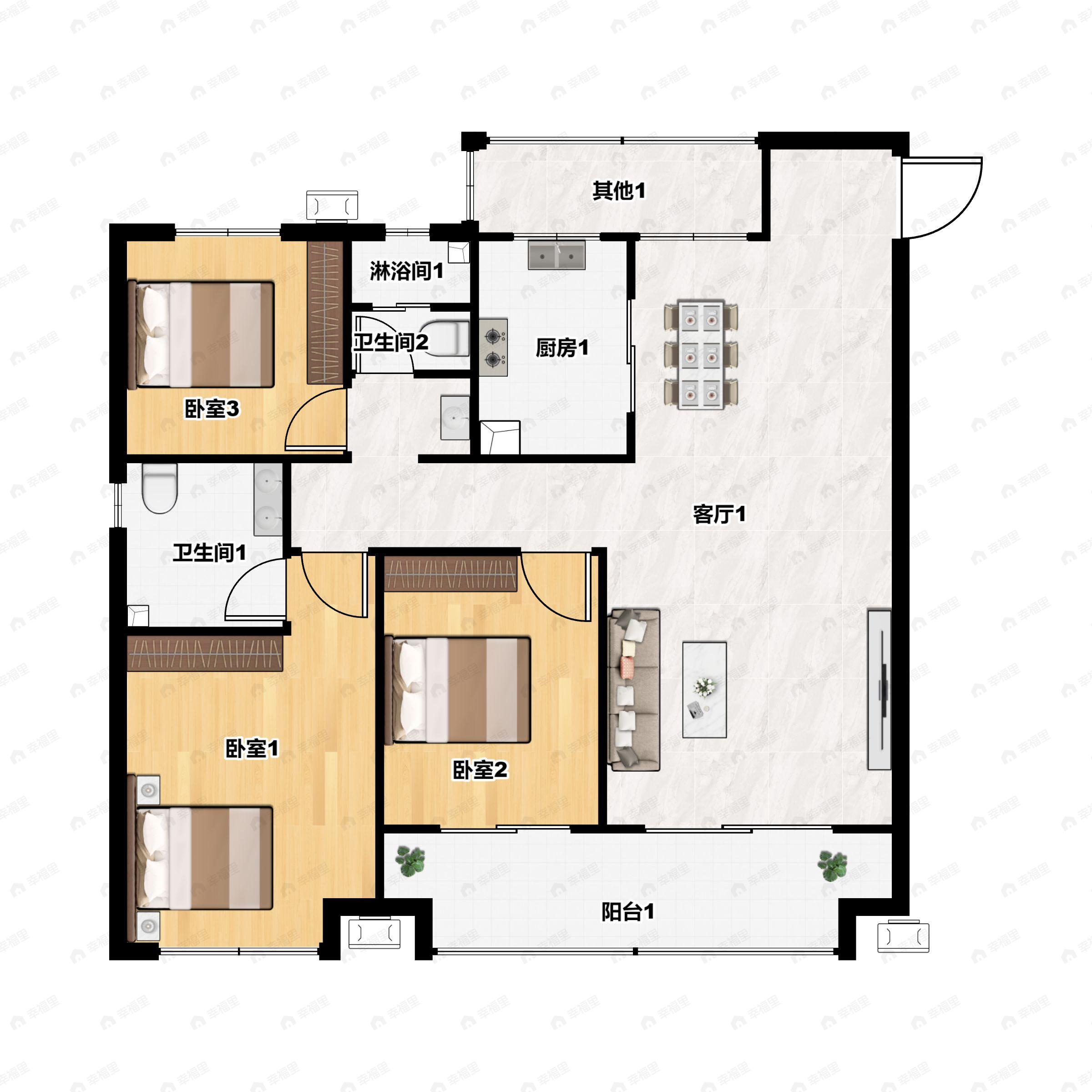 3室2厅2卫建面131m²南户型图