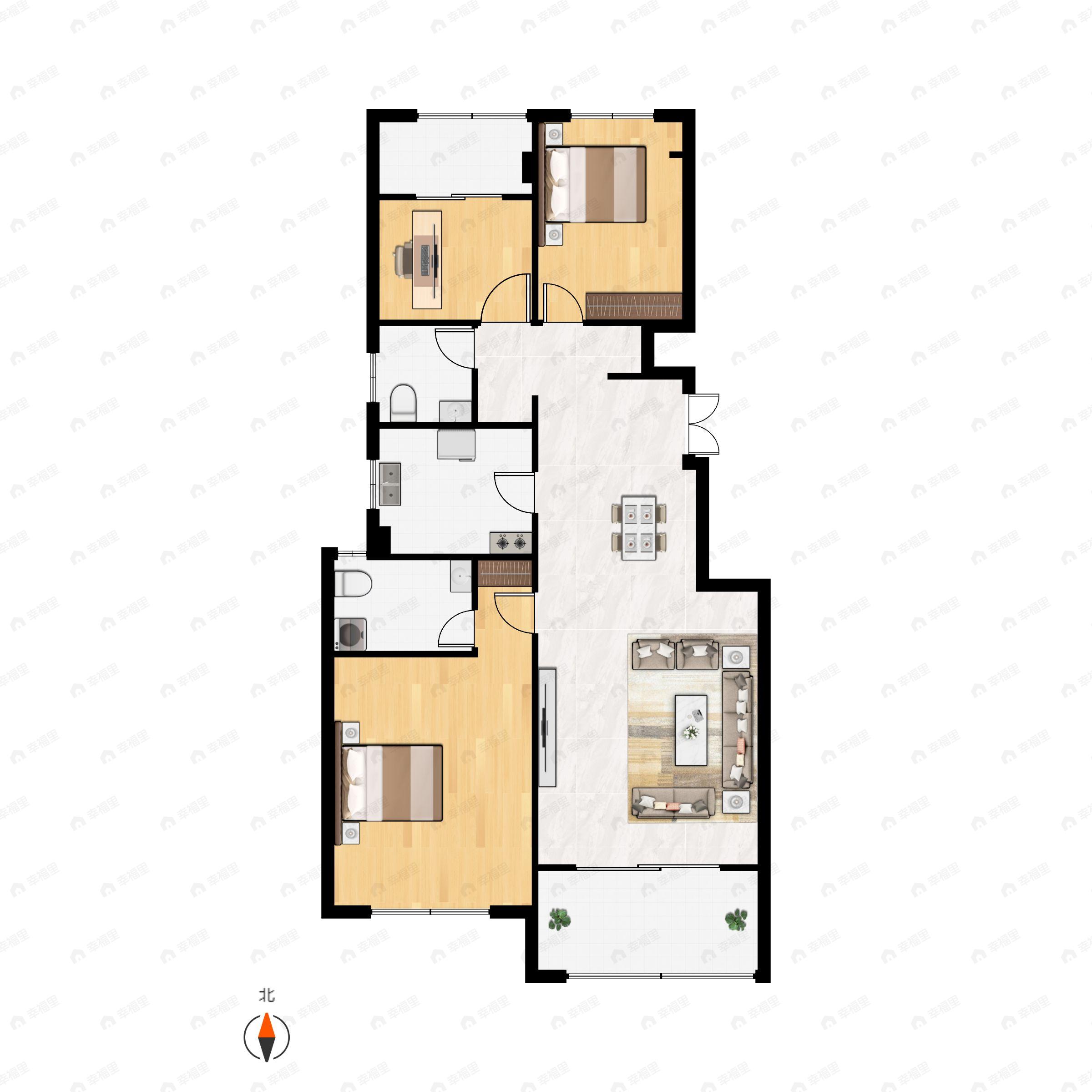 3室2厅2卫建面95m²南户型图