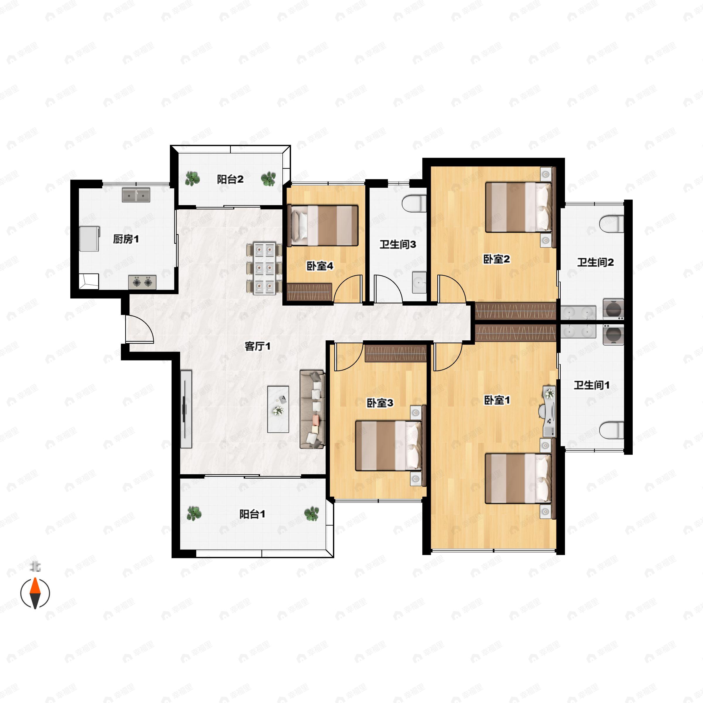 4室2厅3卫建面140平南户型图