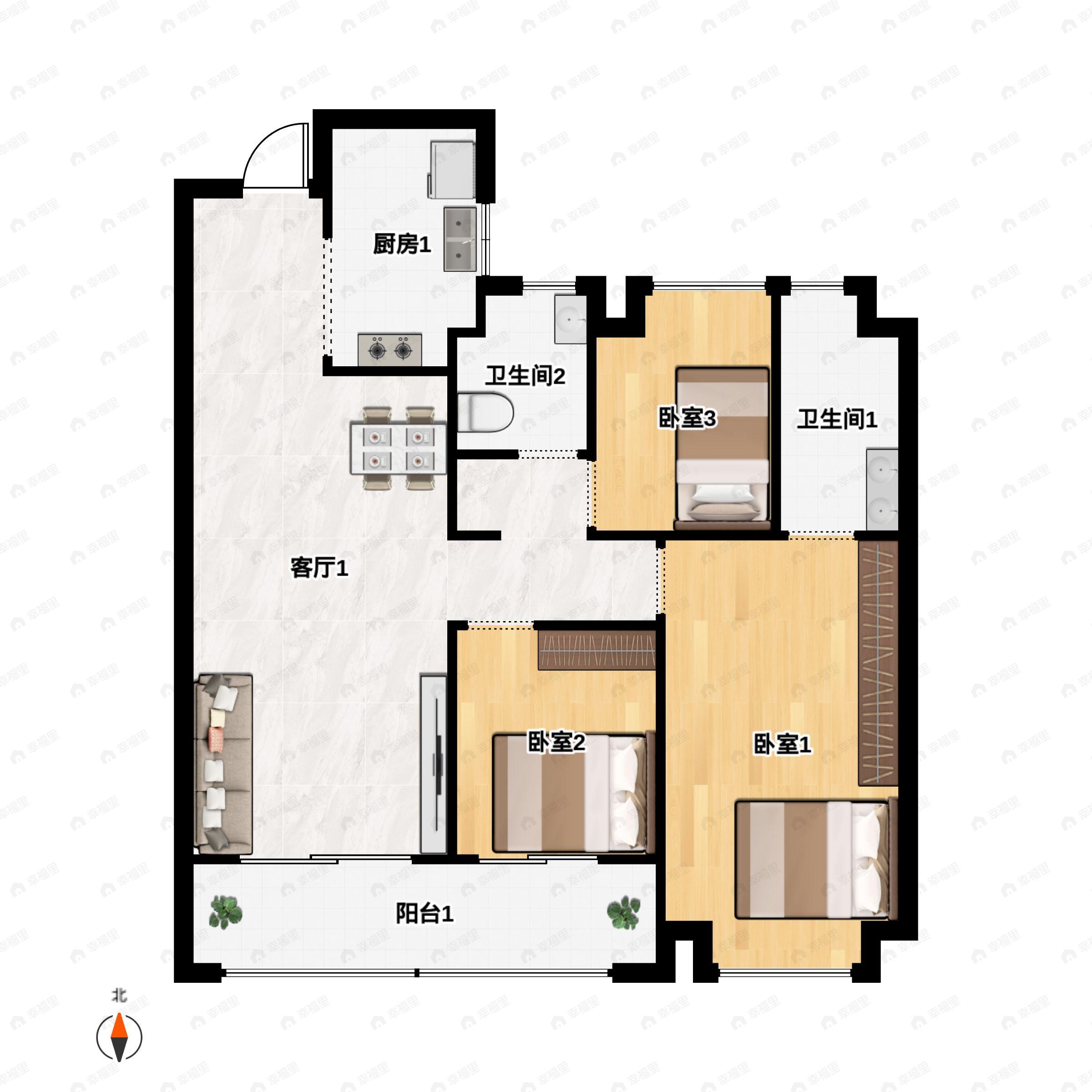 3室2厅2卫建面117m²户型图