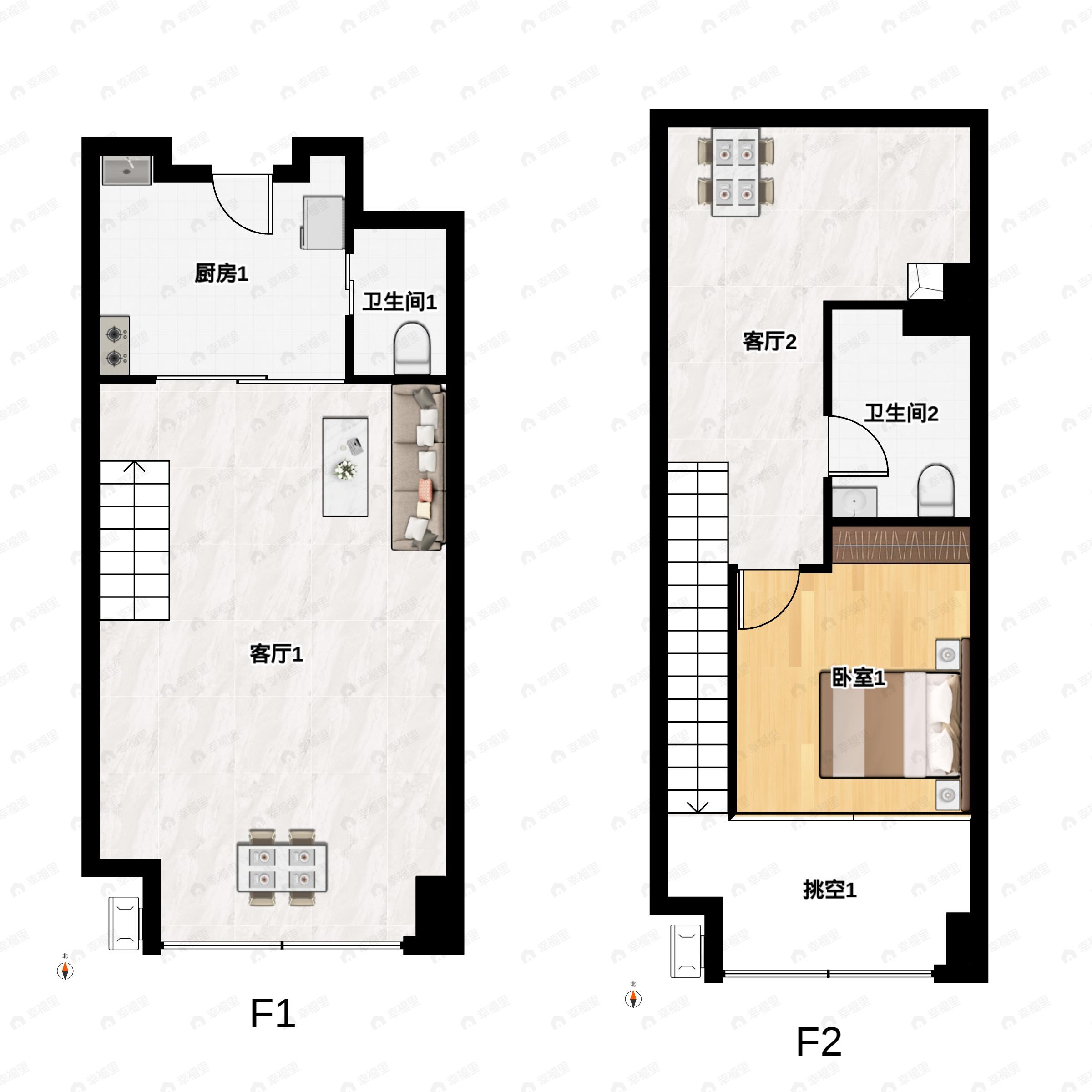 1室2厅2卫建面50m²南户型图