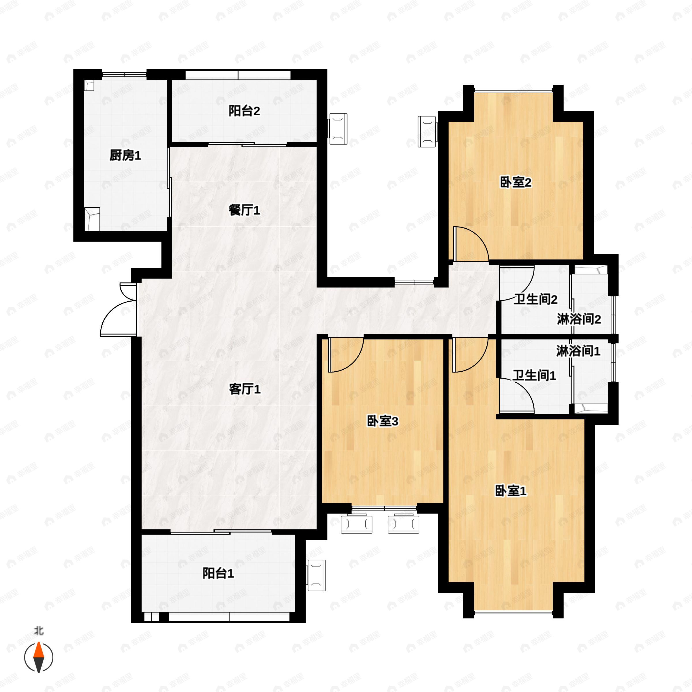 3室2厅2卫建面124平户型图