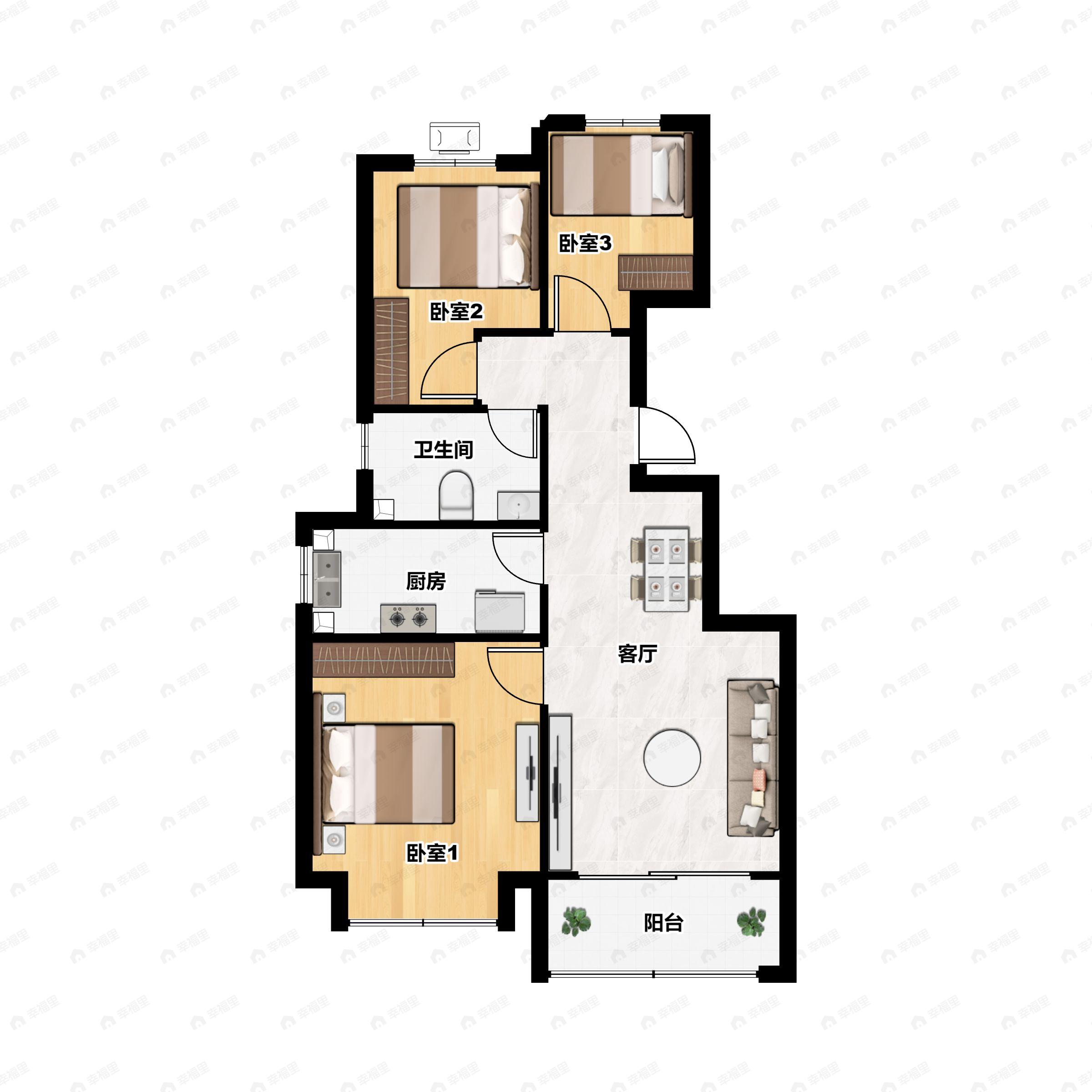 3室2厅1卫建面101平南|北户型图