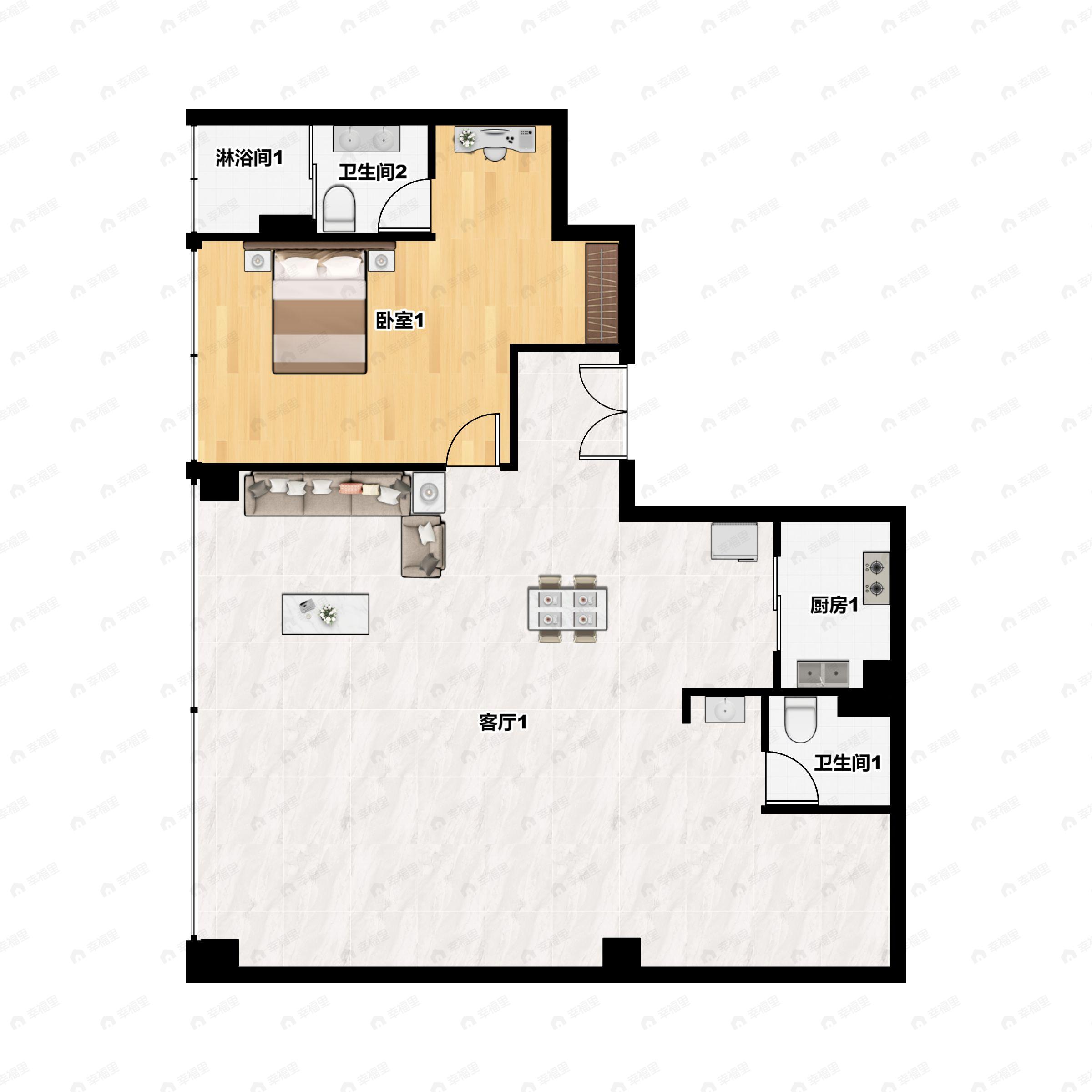 1室2厅2卫建面150m²西户型图