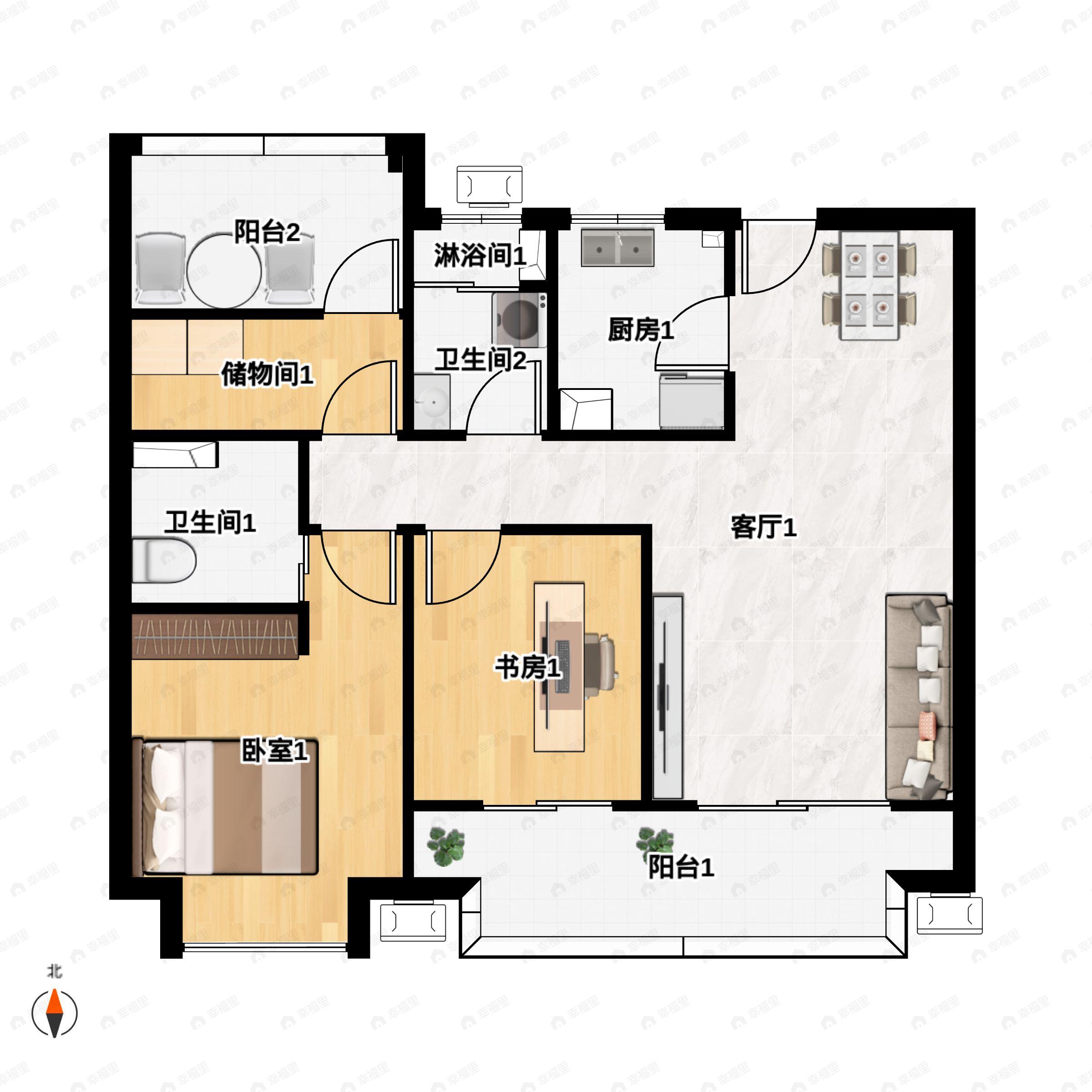 2室2厅2卫建面110m²南户型图