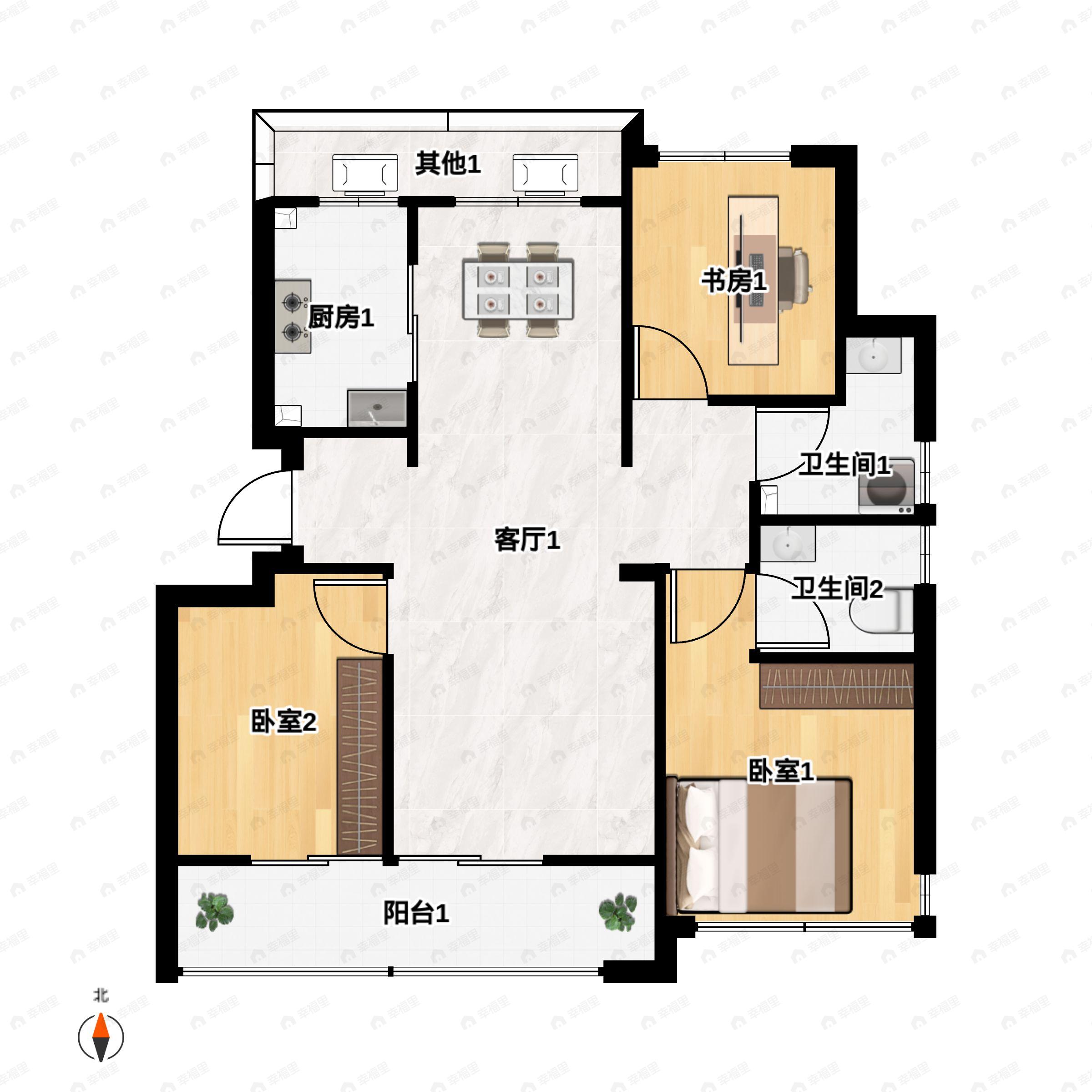 3室2厅2卫建面115平北|南户型图