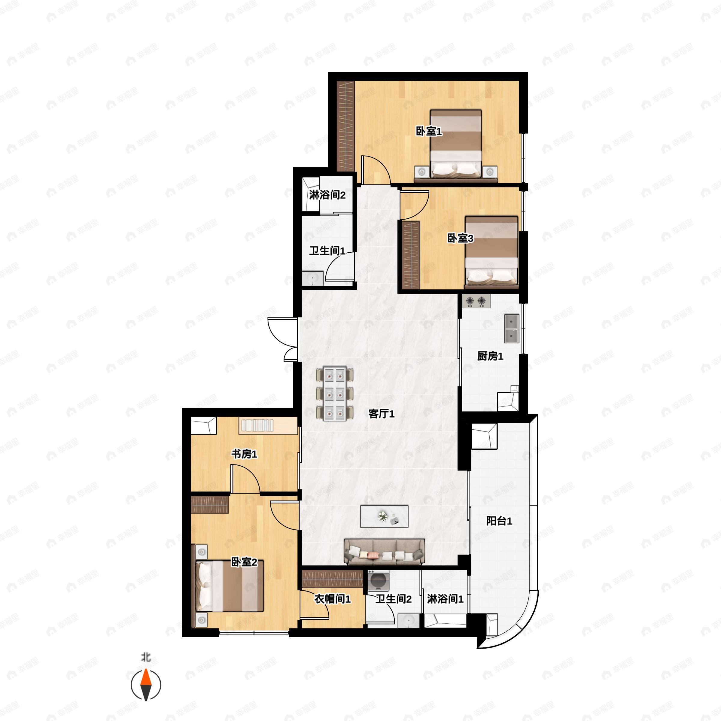 3室2厅2卫建面151平户型图