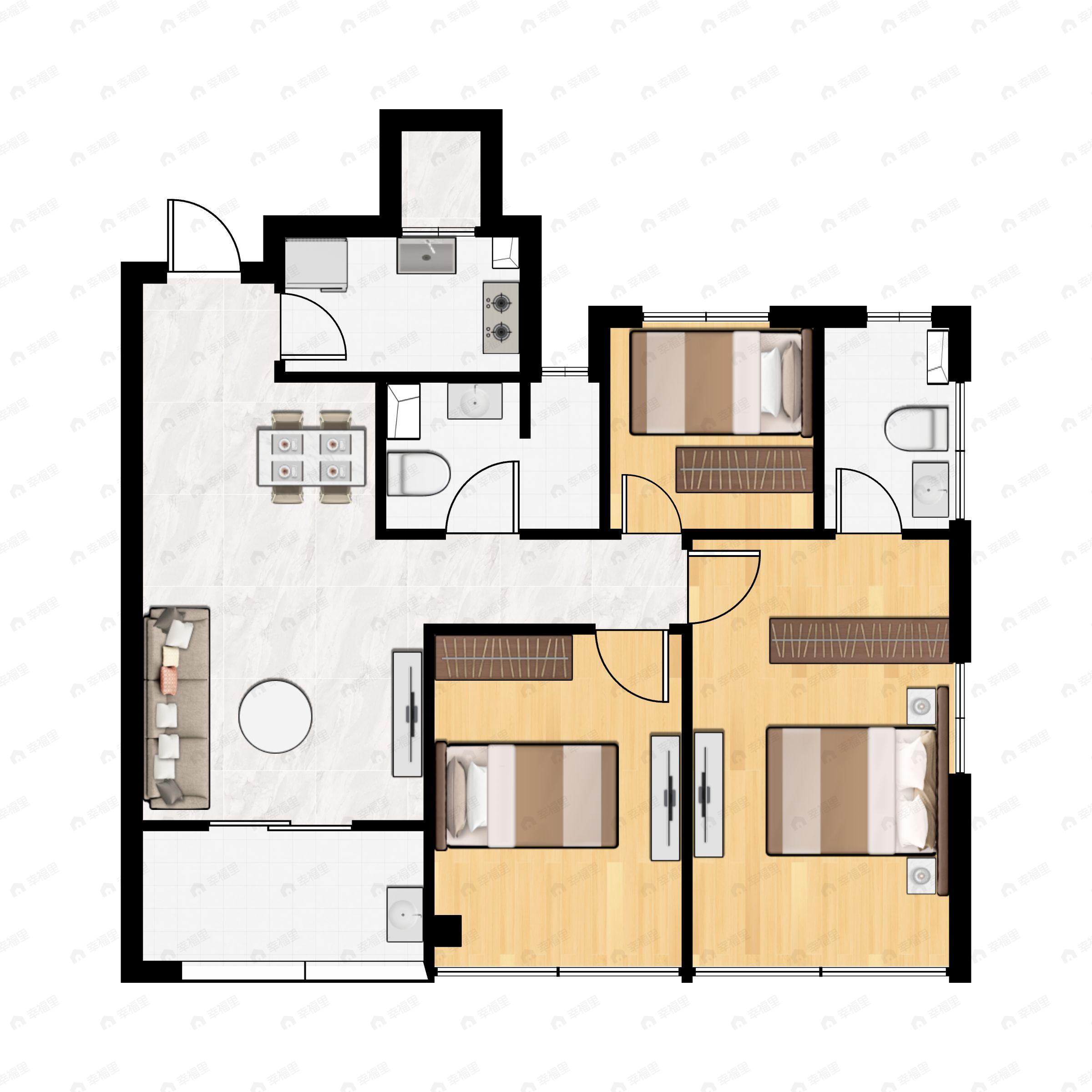 3室2厅2卫建面89平南户型图