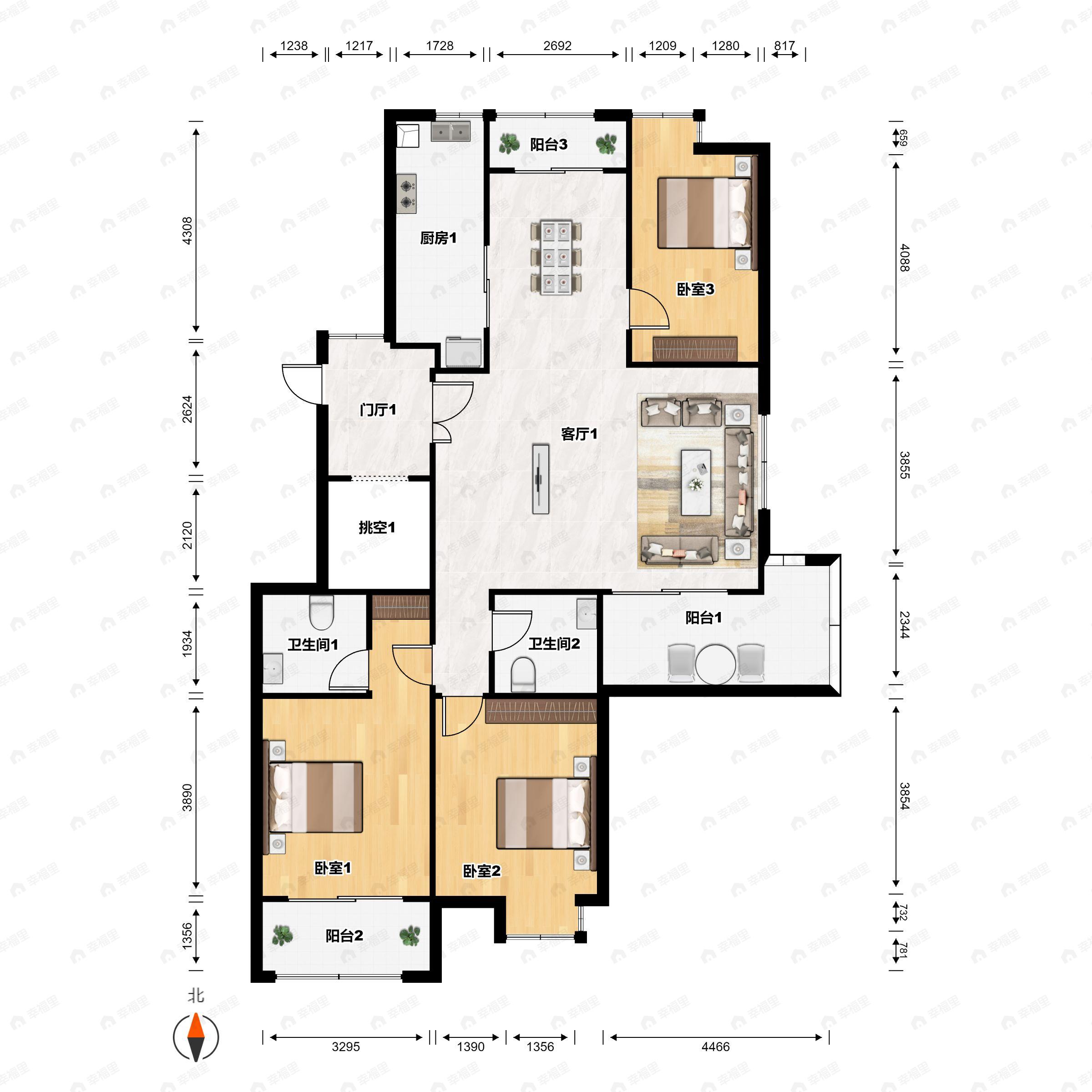 3室2厅2卫建面140平南户型图