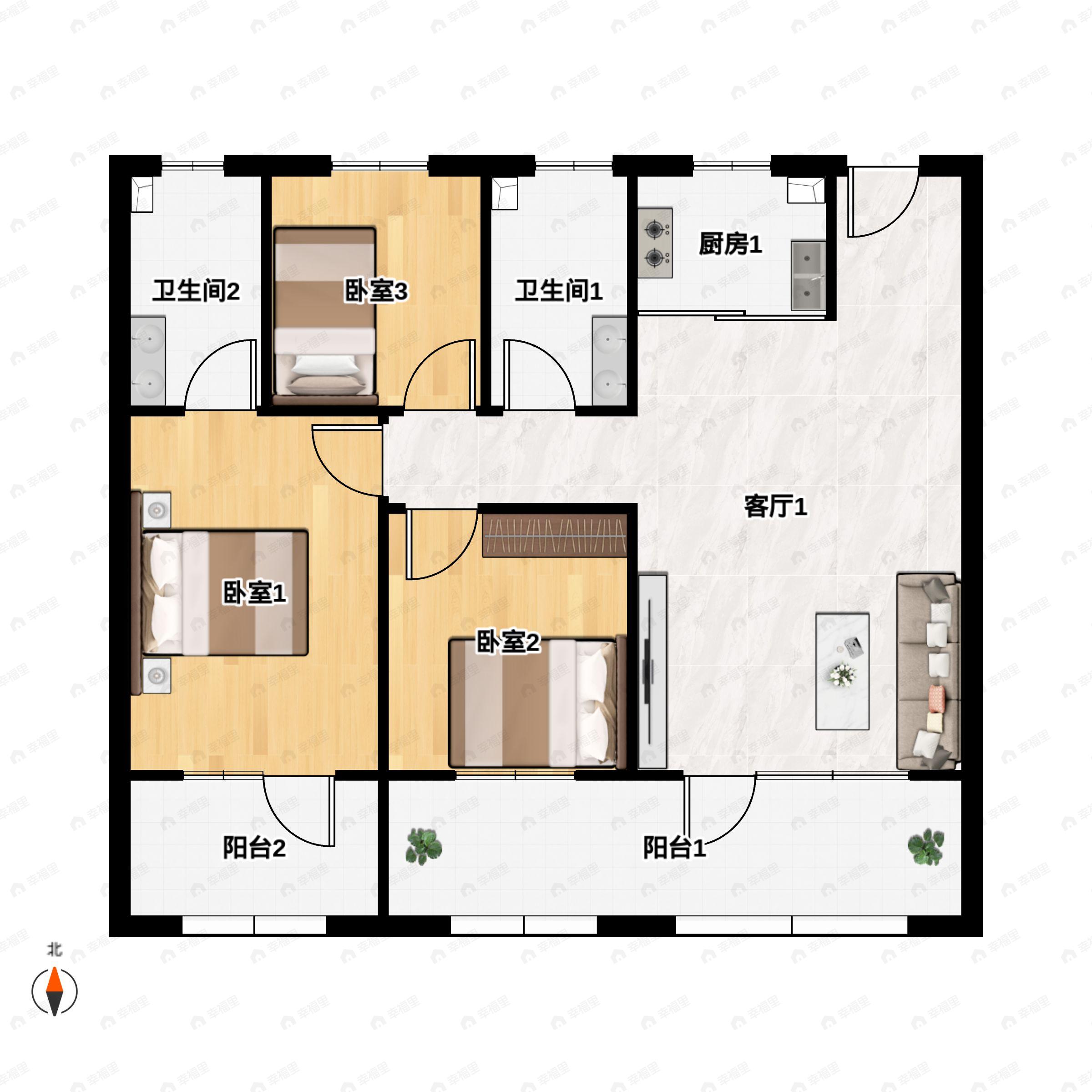 3室2厅2卫建面123m²南|北户型图