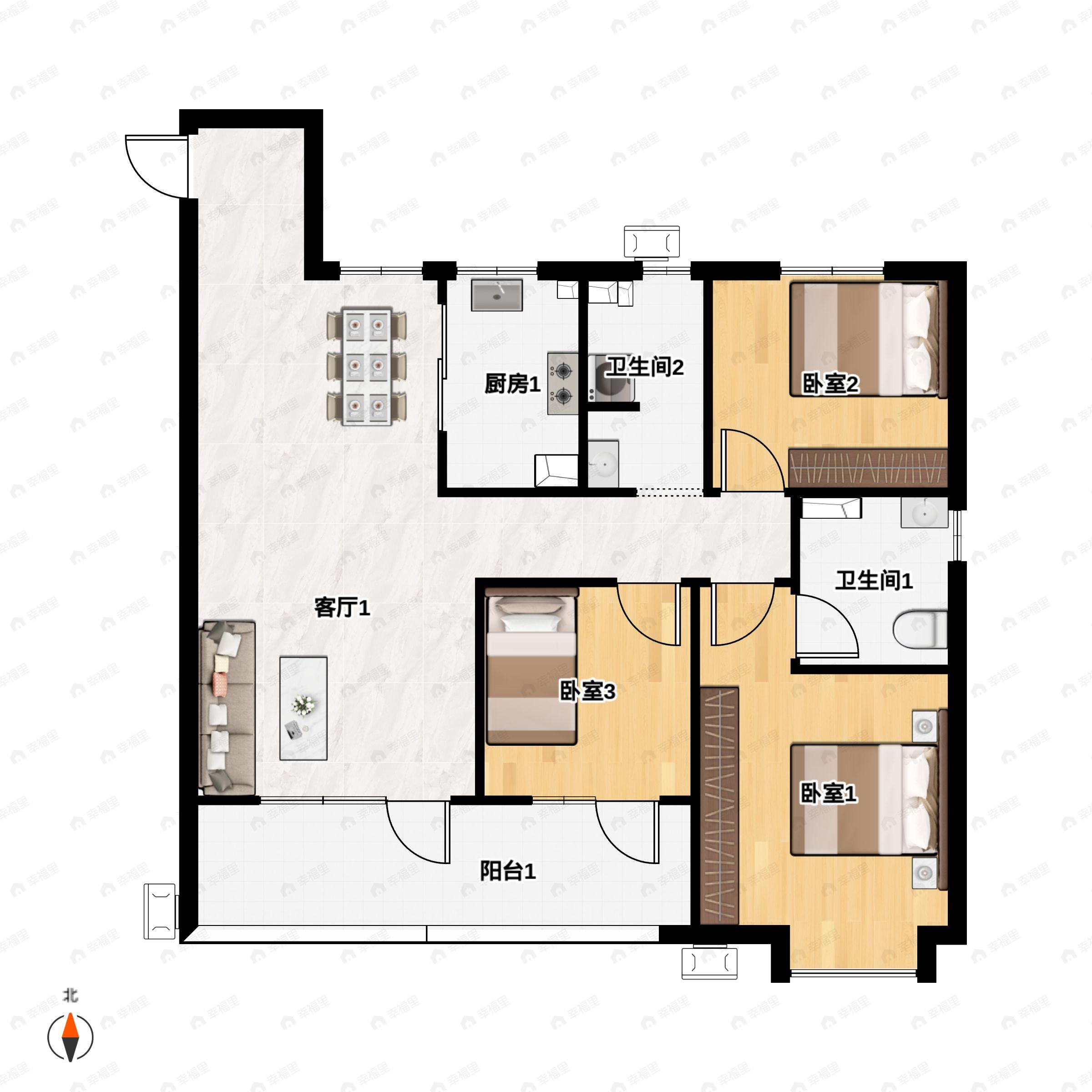 3室2厅2卫建面127平户型图