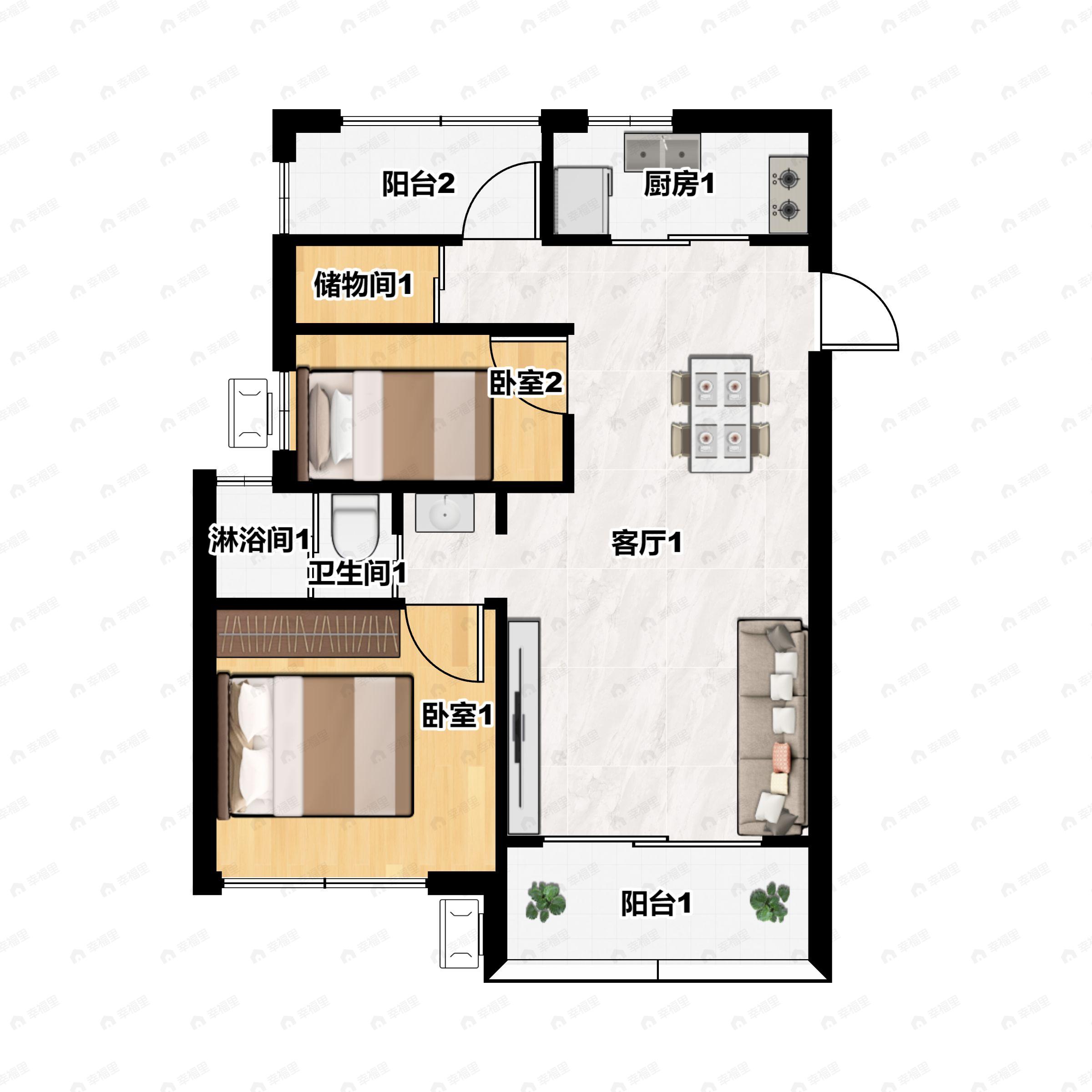 2室2厅1卫建面86m²南户型图