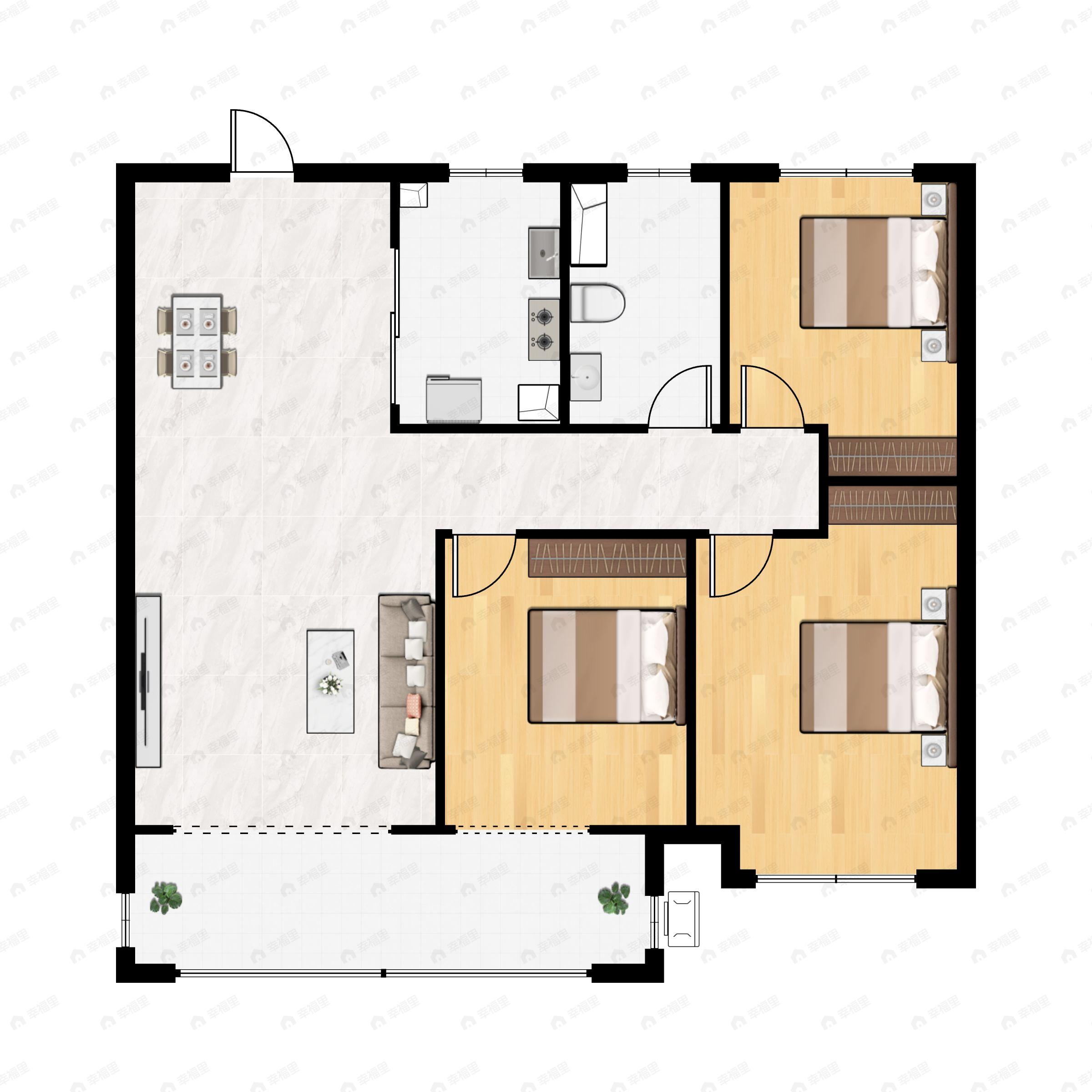 3室2厅1卫建面102m²南|北户型图