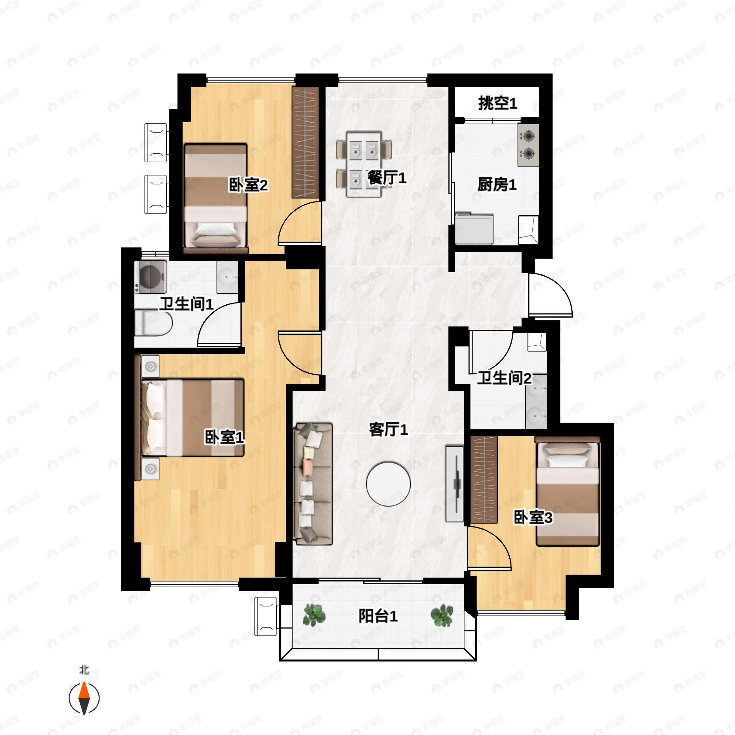 3室2厅2卫建面103m²南户型图