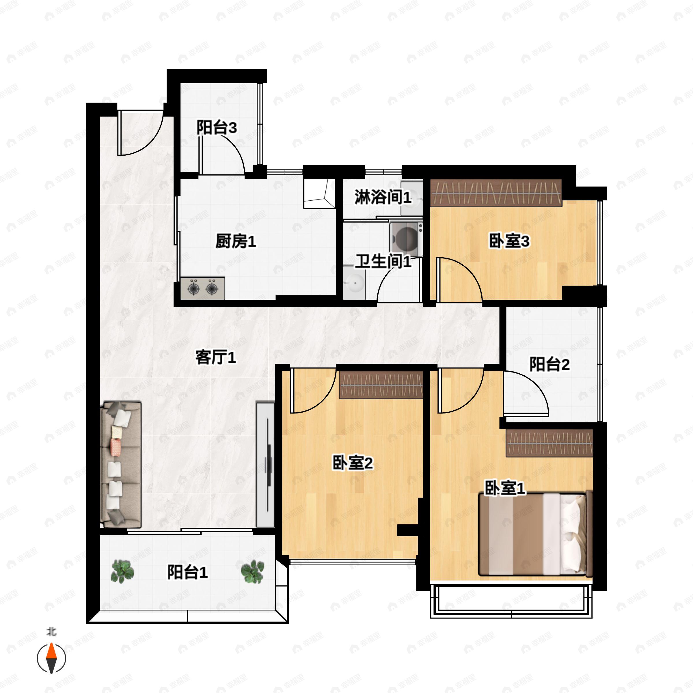 3室1厅1卫建面86平南|东户型图
