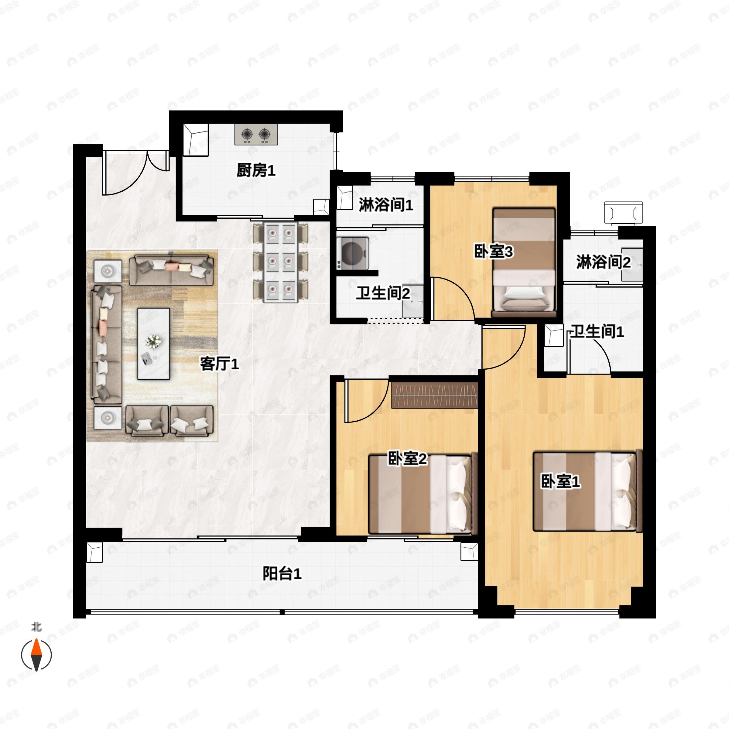 3室2厅2卫建面128m²北|南户型图