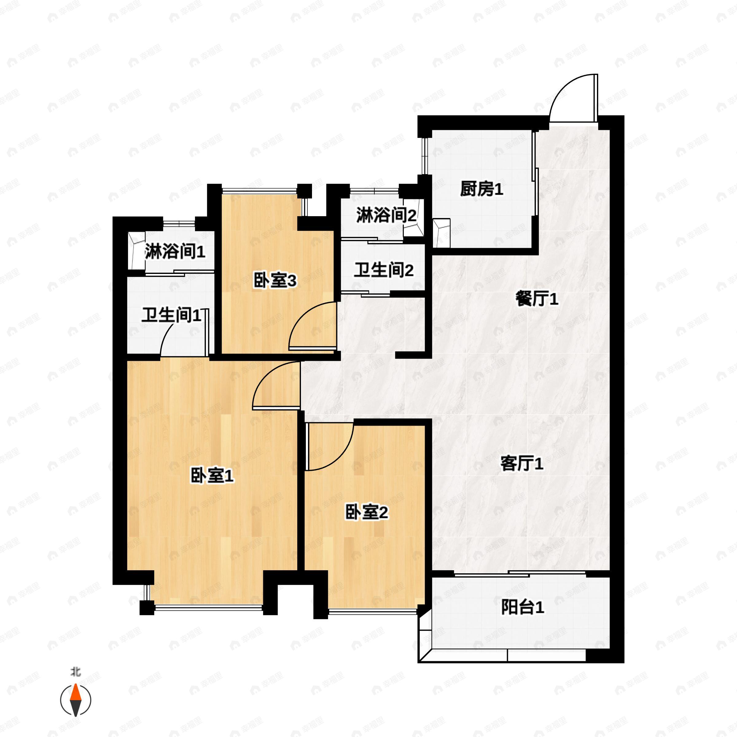 3室2厅2卫建面102平户型图