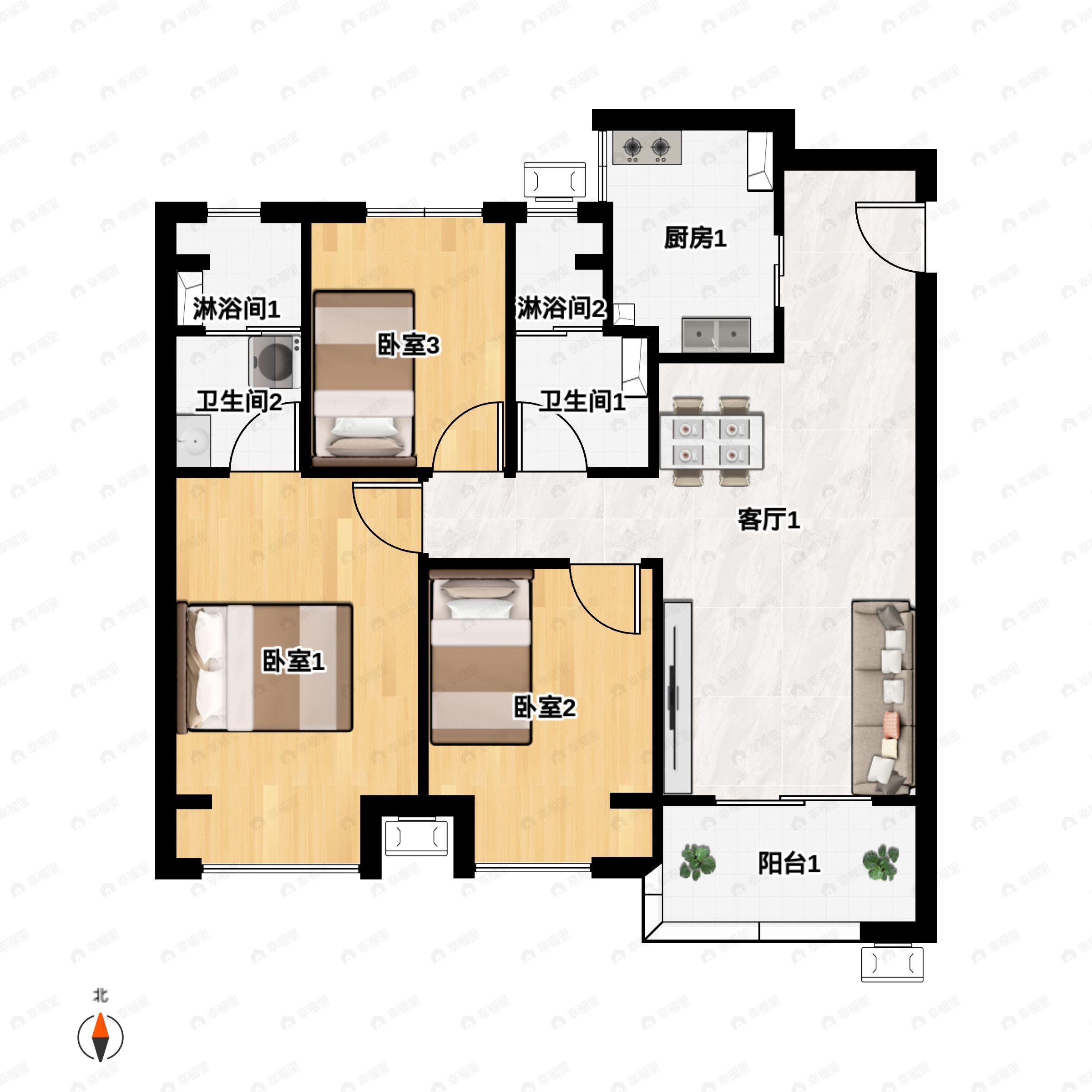 3室2厅2卫建面100平北|南户型图