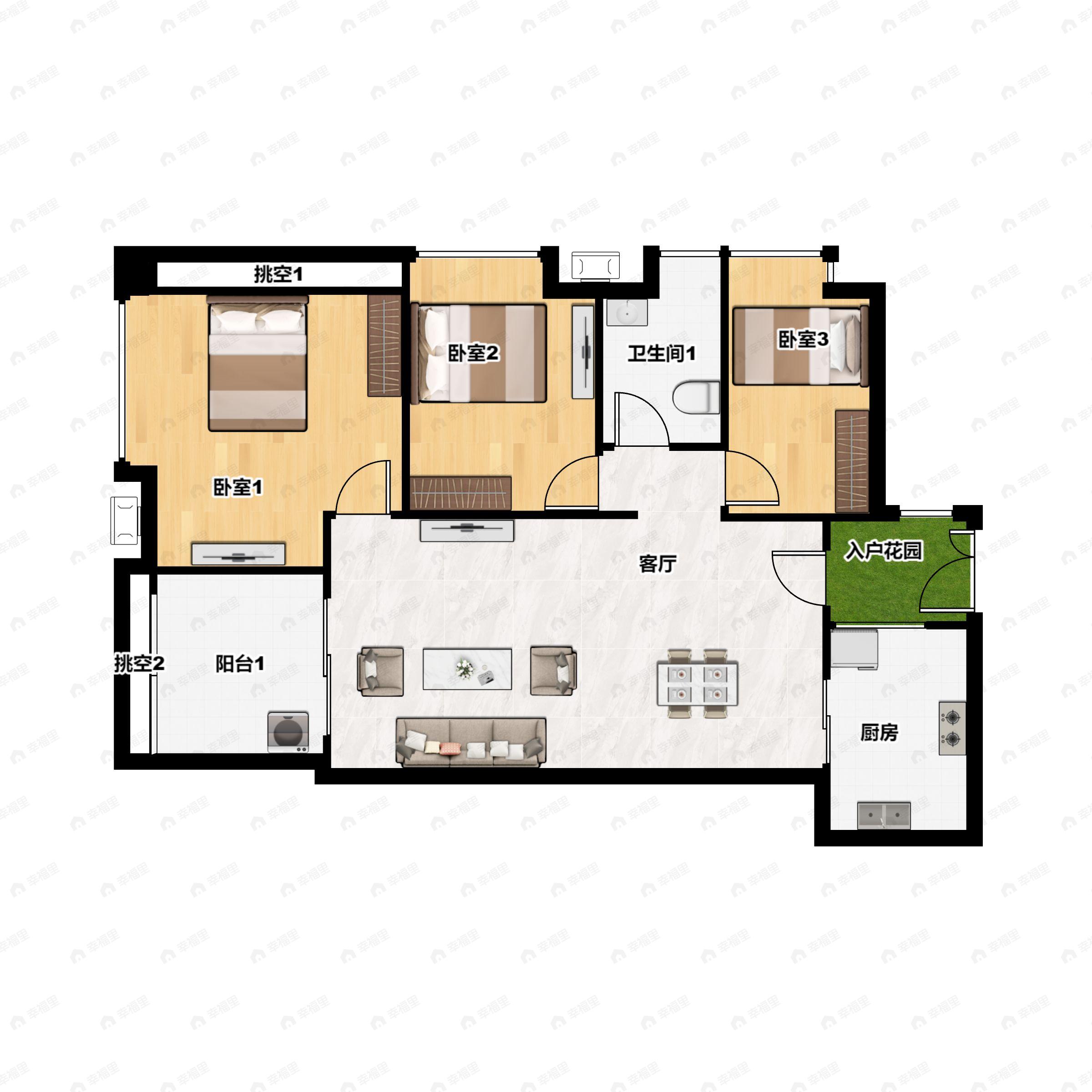 3室2厅1卫建面89m²西南户型图