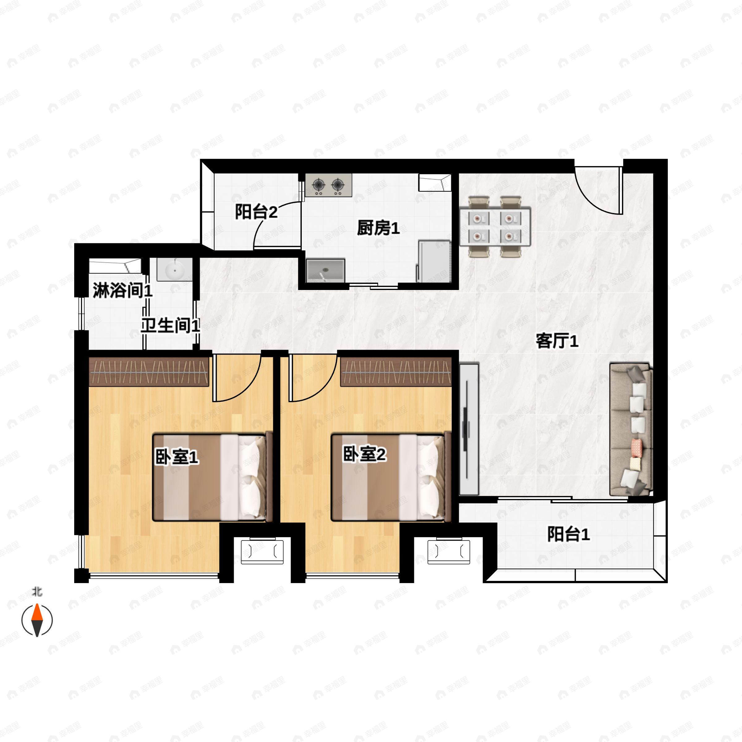 2室2厅1卫建面79m²西南户型图
