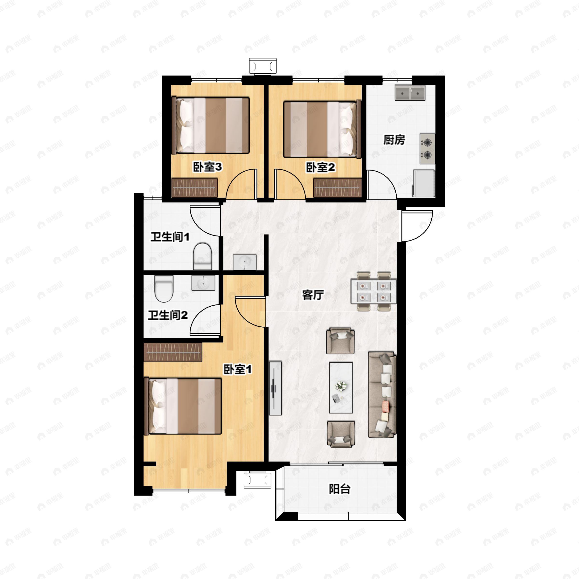 3室2厅2卫建面115平南户型图