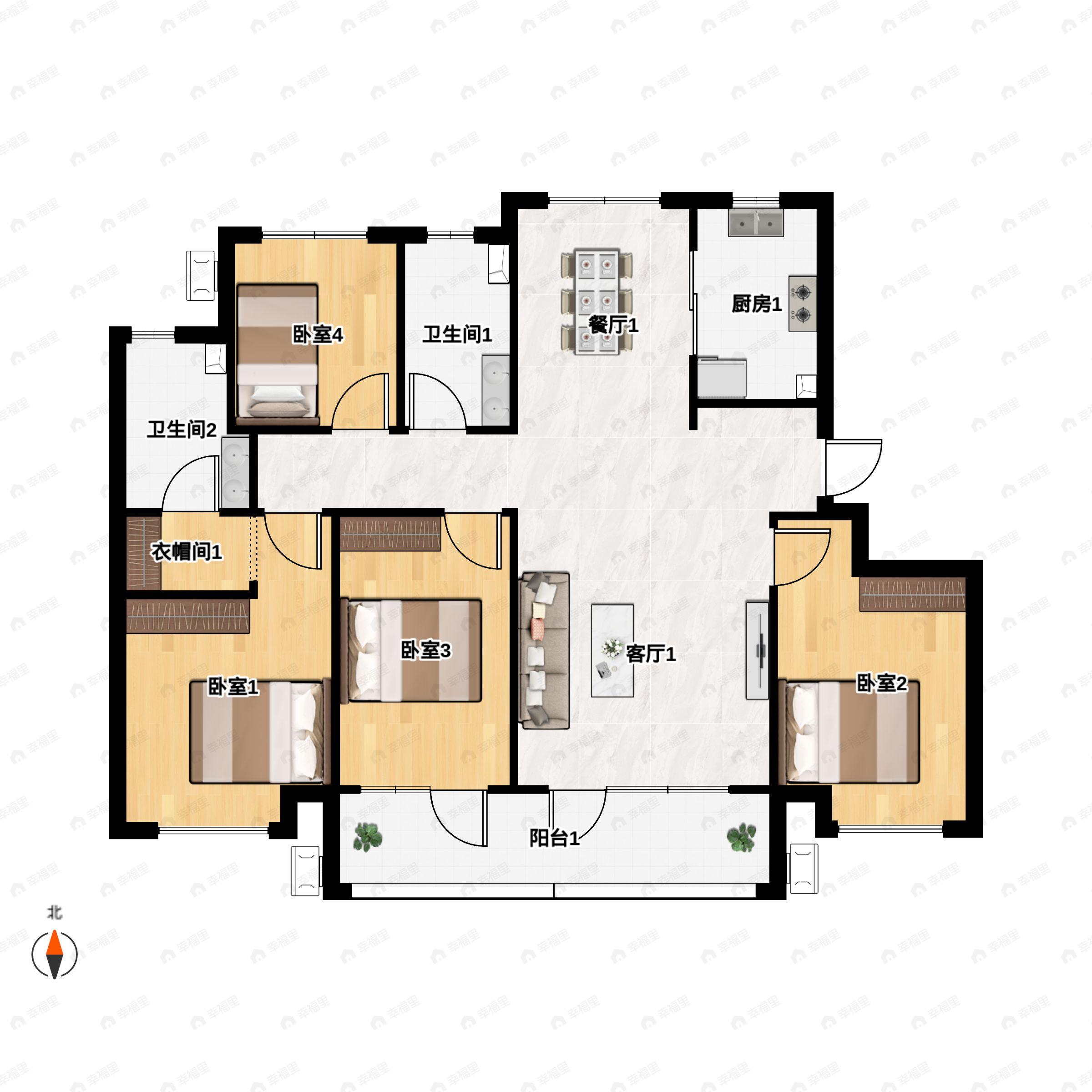 4室2厅2卫建面143平南户型图
